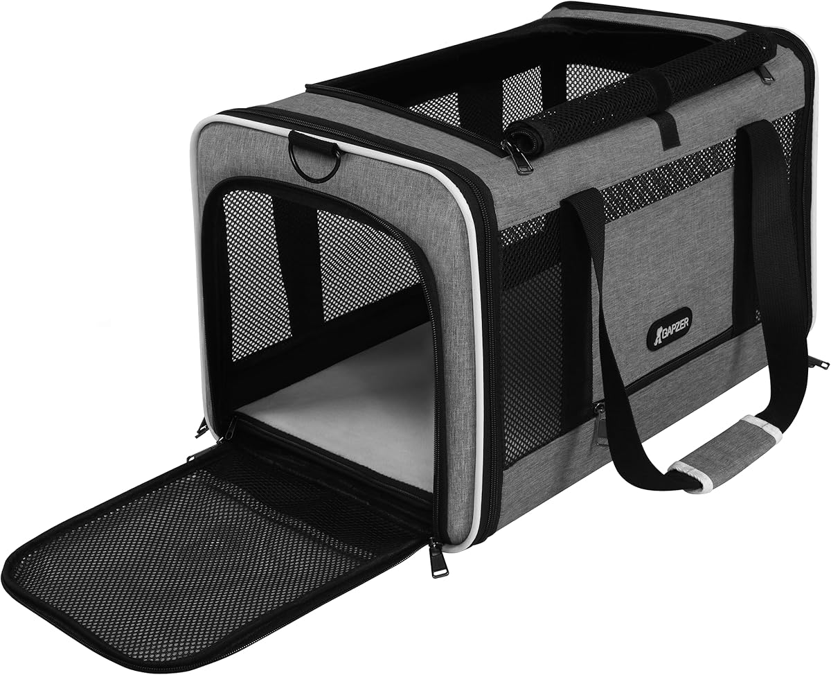 GAPZER Cat Carrier 18x11x11 Top Load Soft Pet Travel Bag Over 15 lbs, Collapsible Small Dog Puppy Crate 10 Pounds, Small Animal Rabbit Kennel Carrying Case, Kitten Mesh Cage Medium Cat Under 25 Grey