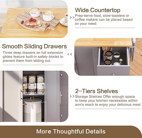 Miniatura 8 de SUNLEI Isla de cocina con ruedas con armario de almacenamiento y hoja plegable, mesa de cocina rodante, asa de carrito para toallero, hoja caída,