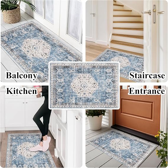 Washable Living Room Area Rug - 2x3 Small Bedroom Rugs Vintage Rustic Style Carpets with Non Slip Backing Distressed Floor Mat for Dining Room Kitchen Bathroom (Aqua Blue, 2'x3')