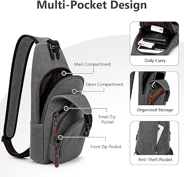 VARLIVOO Vintage Men's Sling Bag Canvas Chest Bag with USB Charging Port Sports Shoulder Bags Hiking Crossbody Bag Anti-Theft Sling Backpack Casual Daypack for Travel Camping Cycling Grey