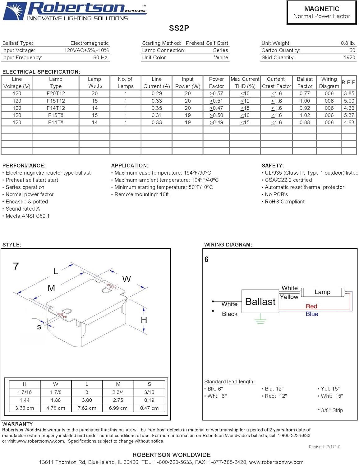 ROBERTSON 2P10084 SS2P AM Quik-Pak of 10 Fluorescent mBallasts for 1 F20T12, F15T12, F14T12 or F15T8, F14T8 Linear Lamp, Preheat Self Start, 120Vac, 60Hz, Normal Ballast Factor, NPF