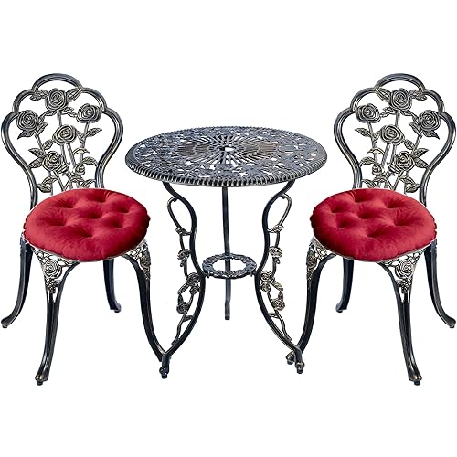 Mandolin Patio Table and Chairs,5 Piece Outdoor Dining Set,Rust-Resistant Cast Aluminum Bistro Set with Cushion.Rose Design (Copper)