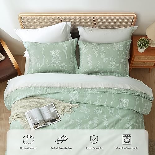 Miniatura 3 de Maple&Stone Juego de edredón tamaño Queen, edredón verde salvia con 2 fundas de almohada, juego de cama de 3 piezas con estampado floral (Queen,
