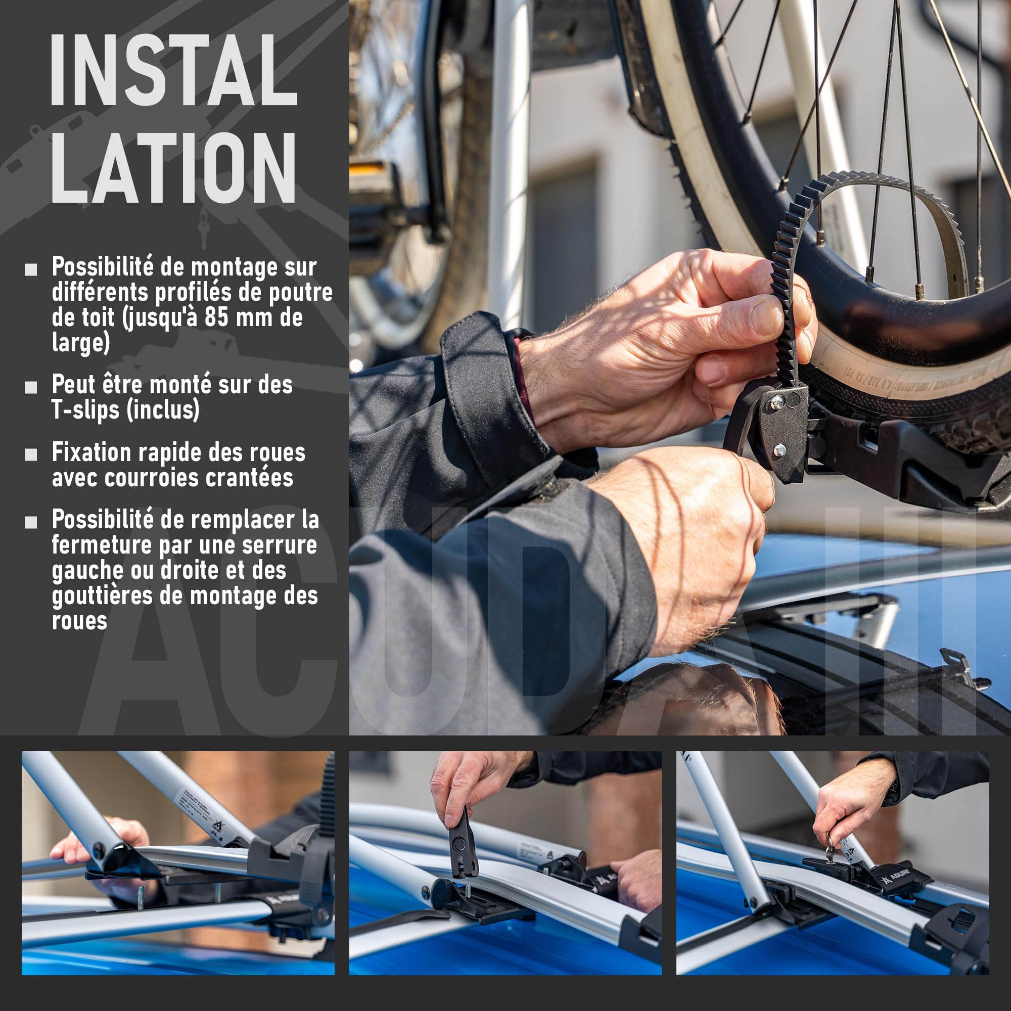 AGURI ACUDA III | Porte-vélos, Porte-vélos de Toit, Support-vélos Universel pour Le Toit de la Voiture, verrouillable | Capacité de Charge jusqu'à 20 kg | Structure en Aluminium résistante | TÜV