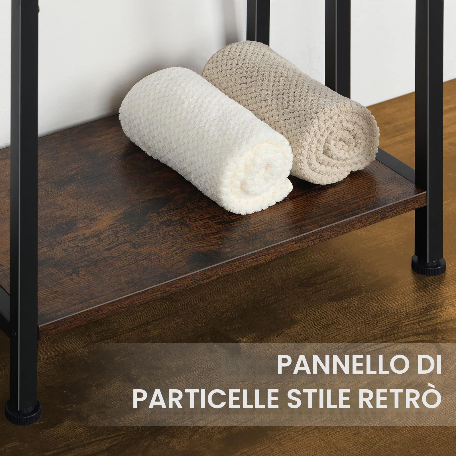 Portasciugamani Indipendente, Supporto per Coperta a 3 Livelli con Ripiano in Legno Marrone Rustico, Portasciugamani Industriale e Portabottiglie con Piedini Antiscivolo per Soggiorno, Bagno