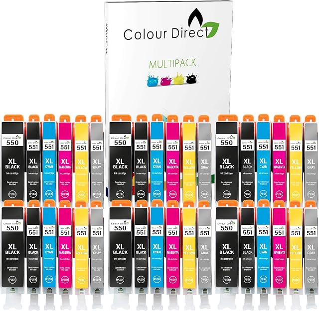 36 XL ( 6 Sets Inc Grey) Colour Direct Compatible Ink Cartridges Replacement For Canon CLI-551XL/ PGI-550XL - Pixma MG5450 MG5550 MG5650 MG6350 MG6450 MG6600 MG6650 MX925 MX725 MG7150 MG7550 iP7250 iP7200 iP8750 iX6850 Printers