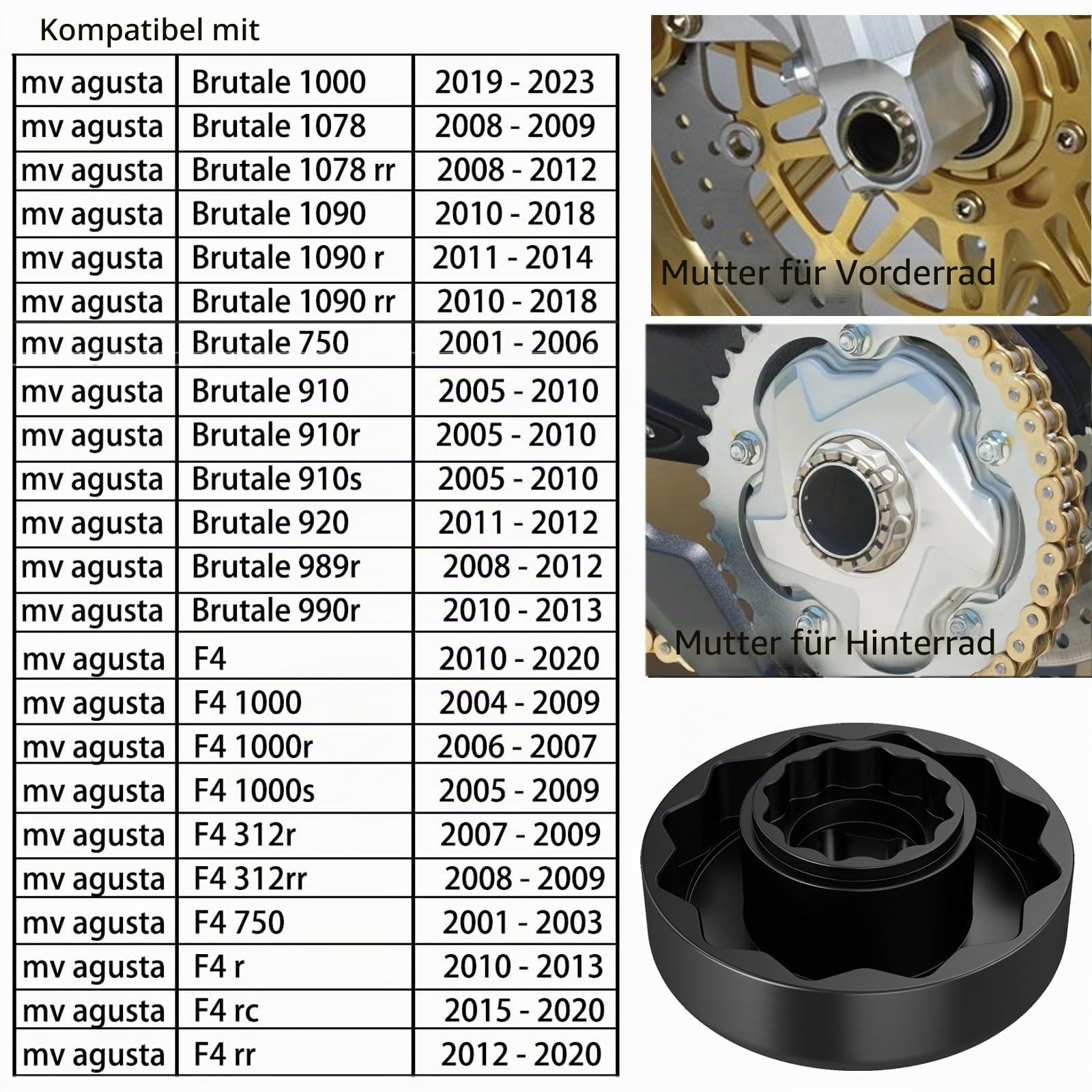 Radmutter Nuss für MV Agusta F4 Brutale – 2-in-1 Kombinuss 56mm & 26mm für Hinterrad & Vorderrad – 12-Zahn Steckschlüssel für Achsmutter – Schlagschrauber geeignet
