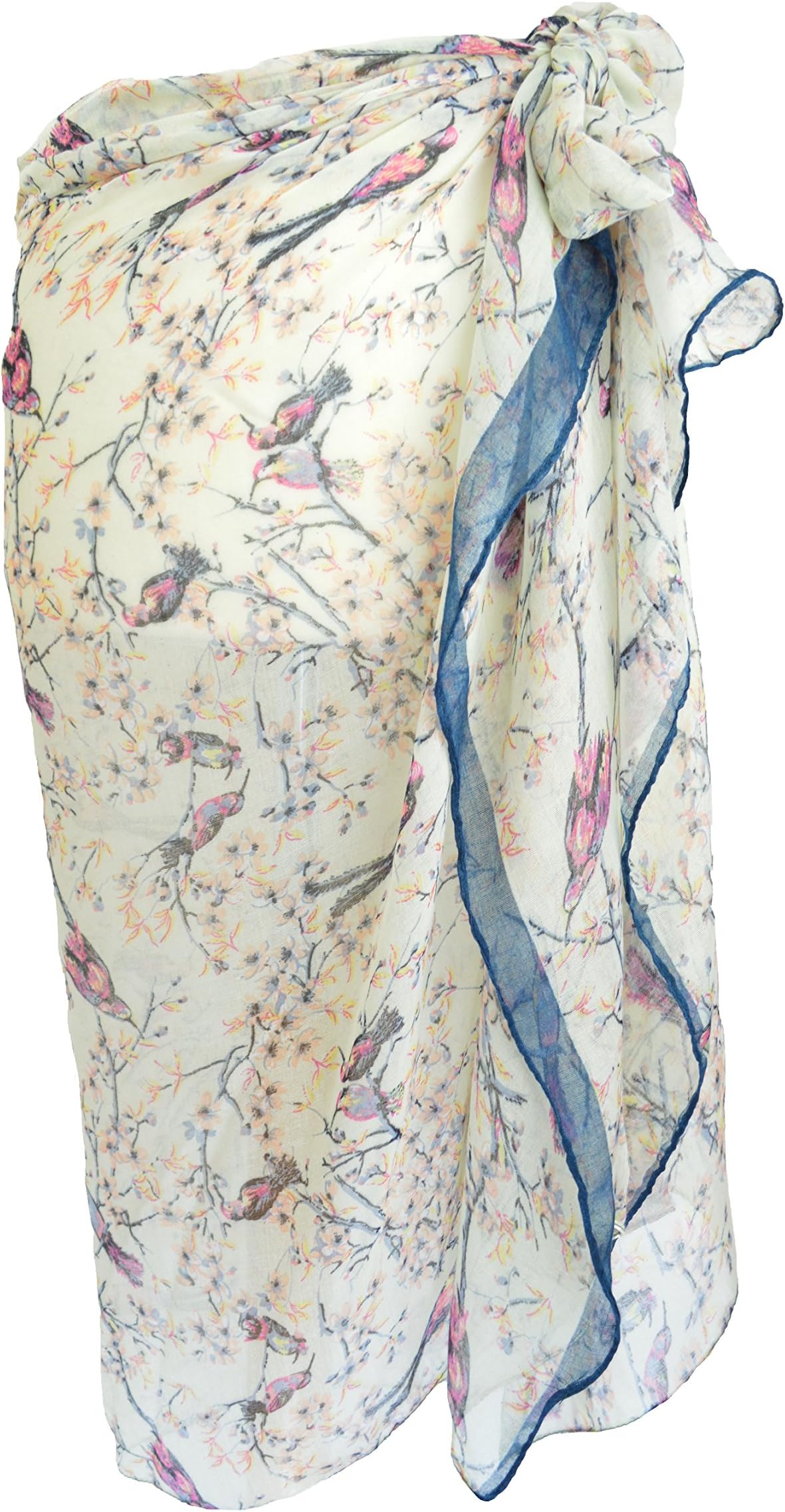 Japanese Cherry Blossom Cream & Print Birds Sarong Holiday Beach Pool Spring Wear Paero One Size