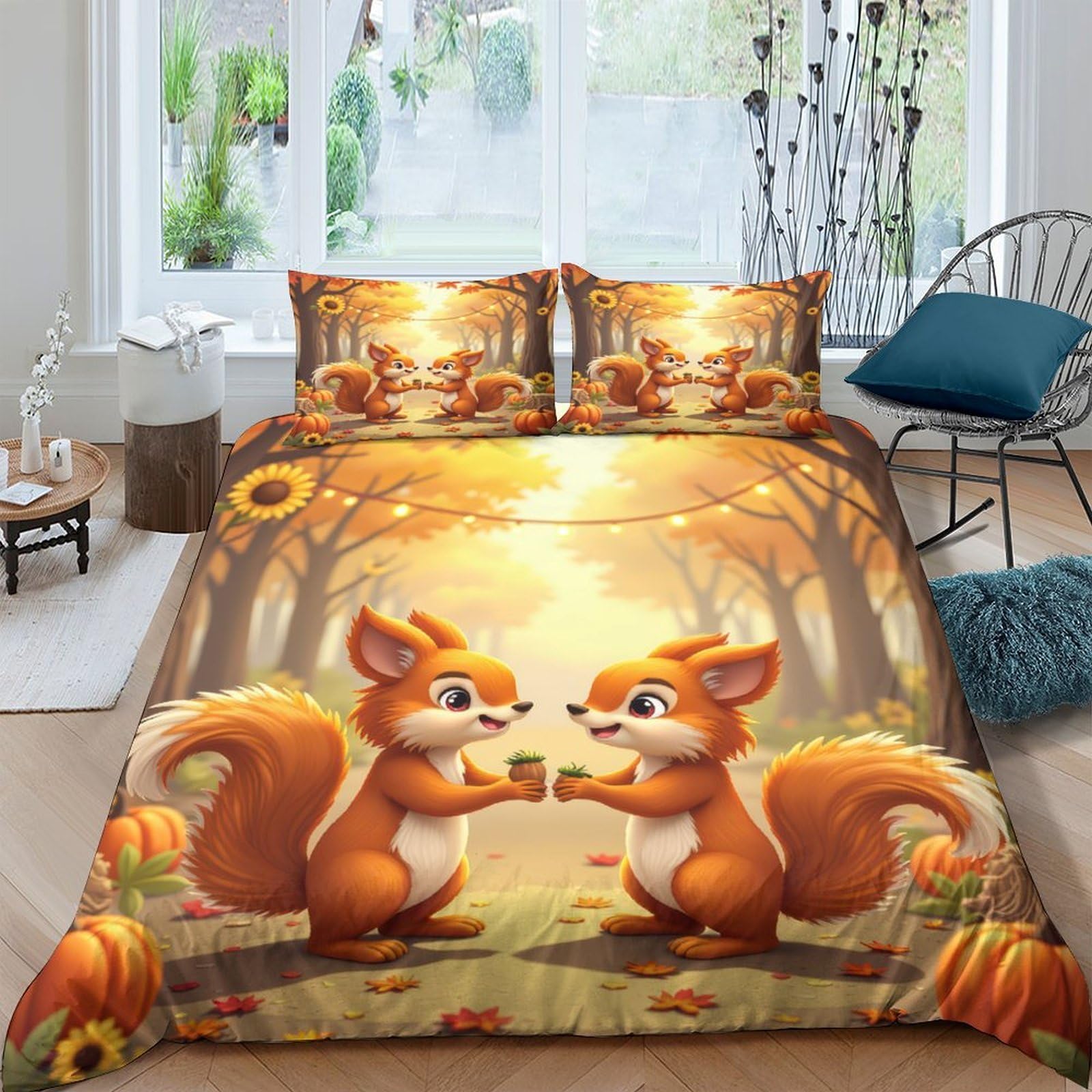 TUFRTGYHN 3D Printed Squirrel Forest Duvet Cover Microfiber Soft Breathable Autumn Woodland Bedding Set with 2 Pillowcases for Bedroom Decor Single（135x200cm）