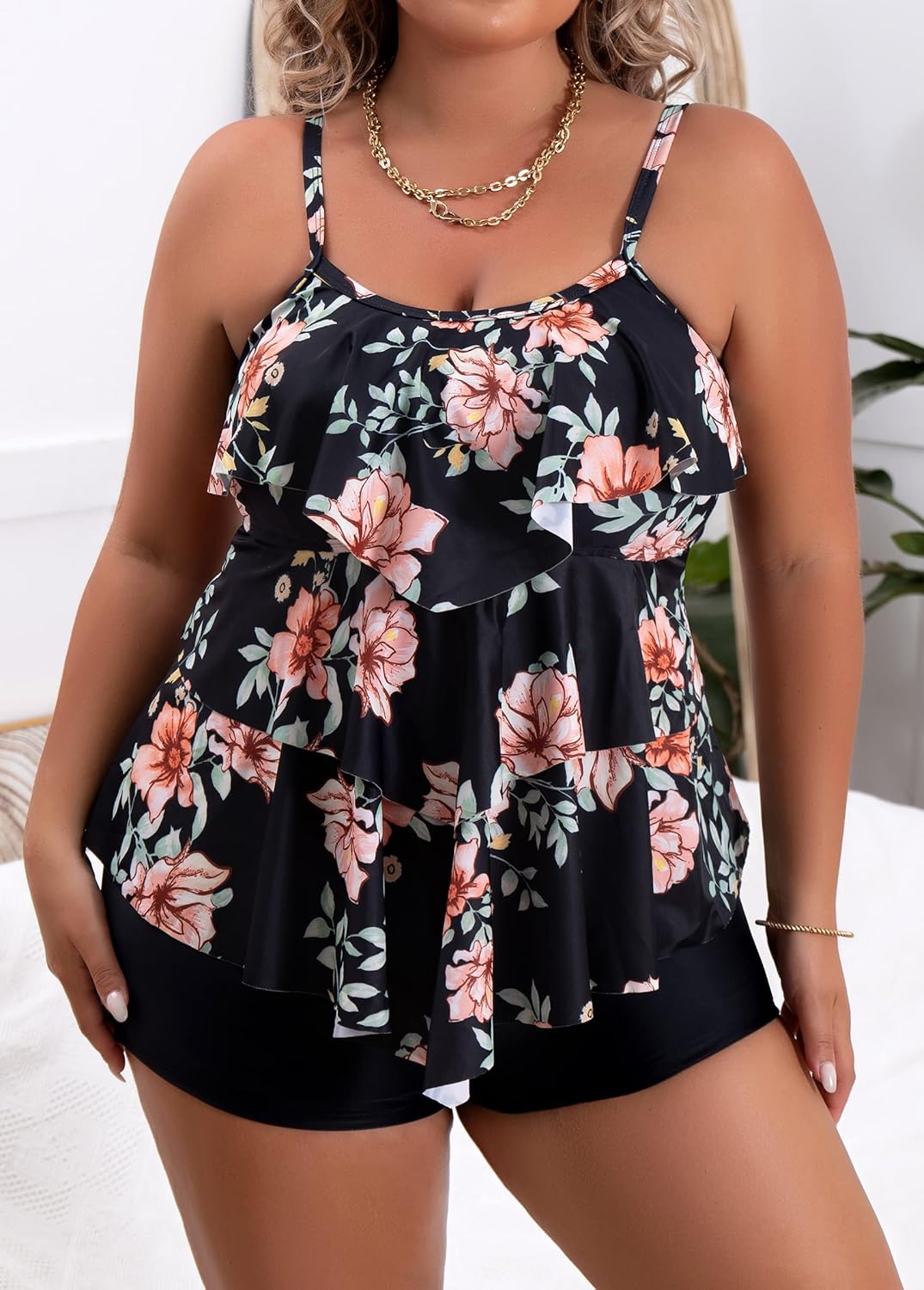 B2prity Women Plus Size Tankini Swimsuits Tummy Control Two Piece Bathing Suit Ruffled Flounce Swimwear with Shorts - Image 4