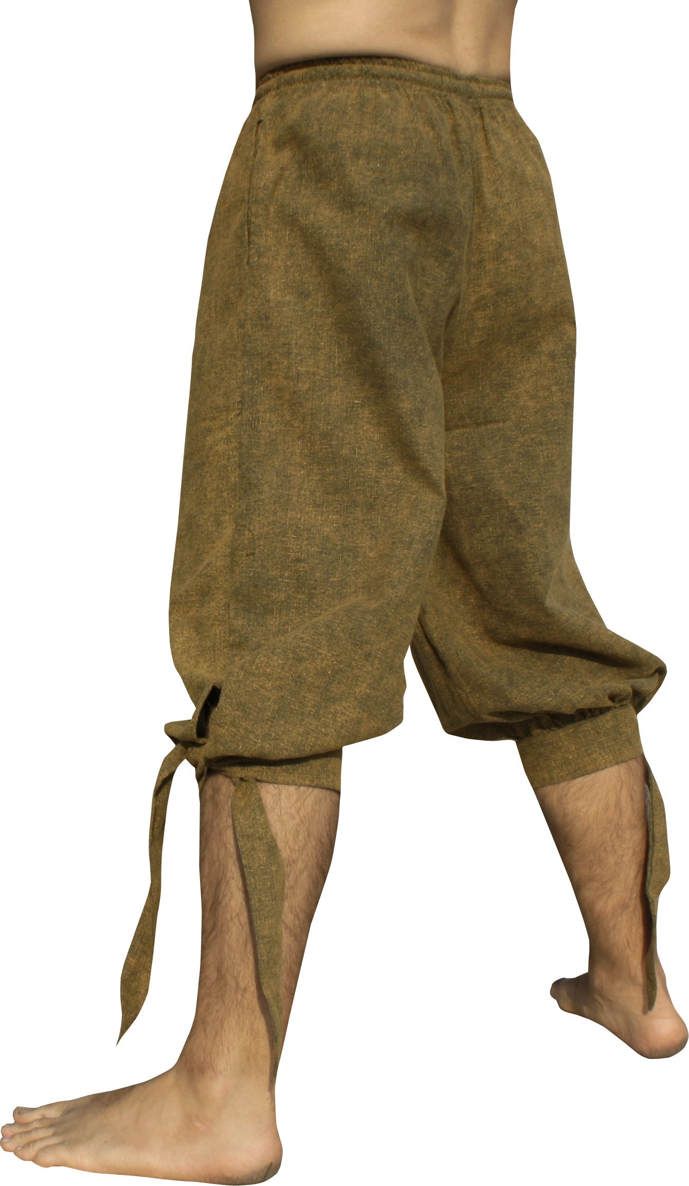 RaanPahMuang Side Tied Leg Raw Stonewashed Cotton Buccaneer Pirate Pants, X-Large, Green & Yellow