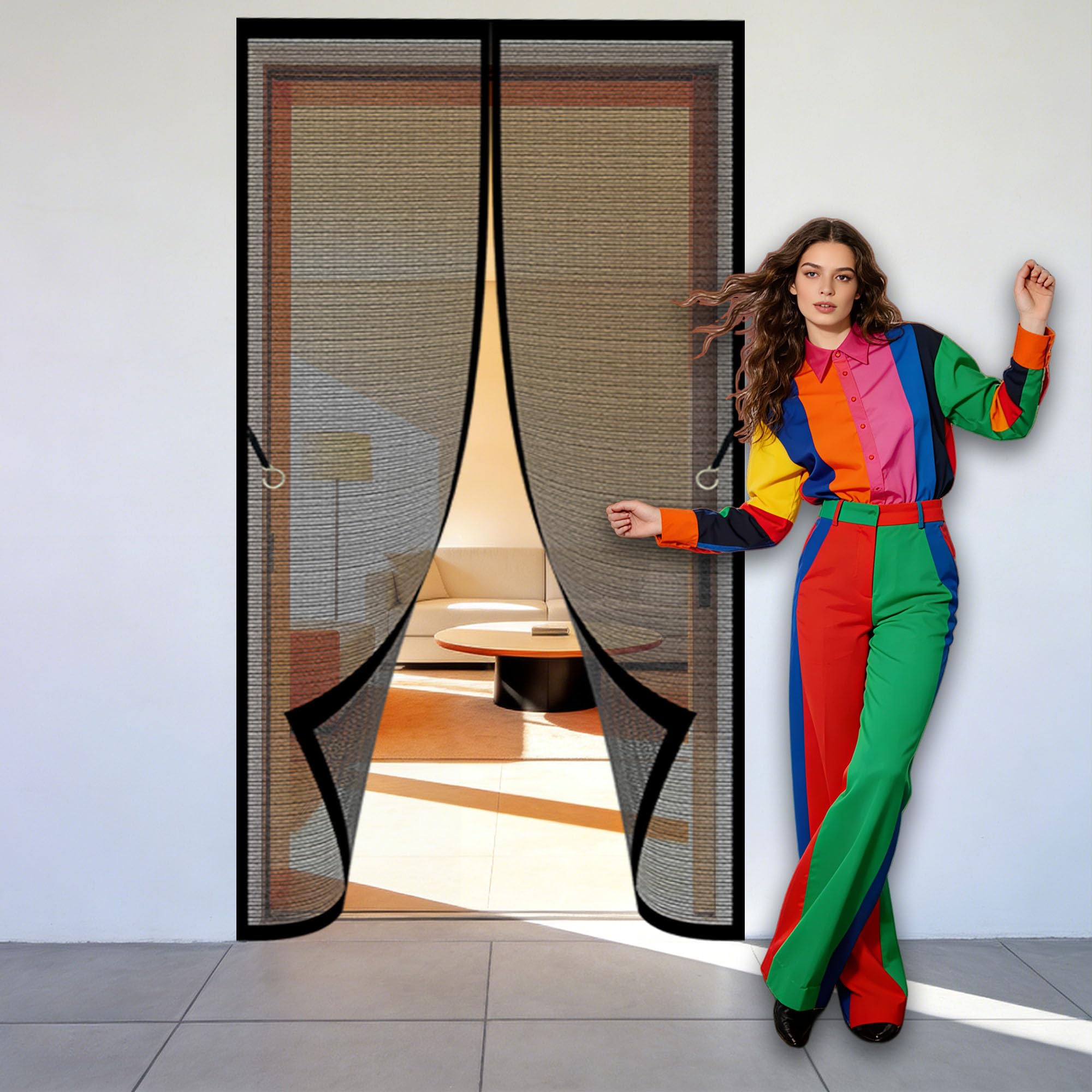 Magnetic Fly Insect Screen Door 92 x 262 cm Full Frame Magic Tape Anti Mosquito Mesh Curtain with Powerful Magnets Hands Free Auto Closing for Living Room, Bedroom, Patio, Black