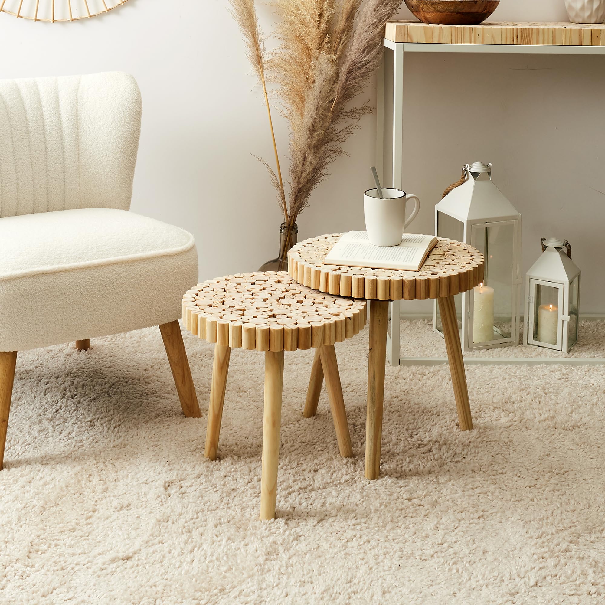 HOME DECO FACTORY Lot de 2 Tables Gigognes Rondin en Bois Design Marron | Bois, lot de 2 tables gigognes rondin, design original, salon ou salle à manger, gain de place, 40x40x40 cm, marron