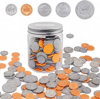 Play Money Coins for Kids, Detailed Fake Money Coins with Coin Jar, Realistic Teaching Pretend Fake Money Coins Set, Plastic Toy Prop Fake Money Coins for Kids Learning Education Party, 250pcs