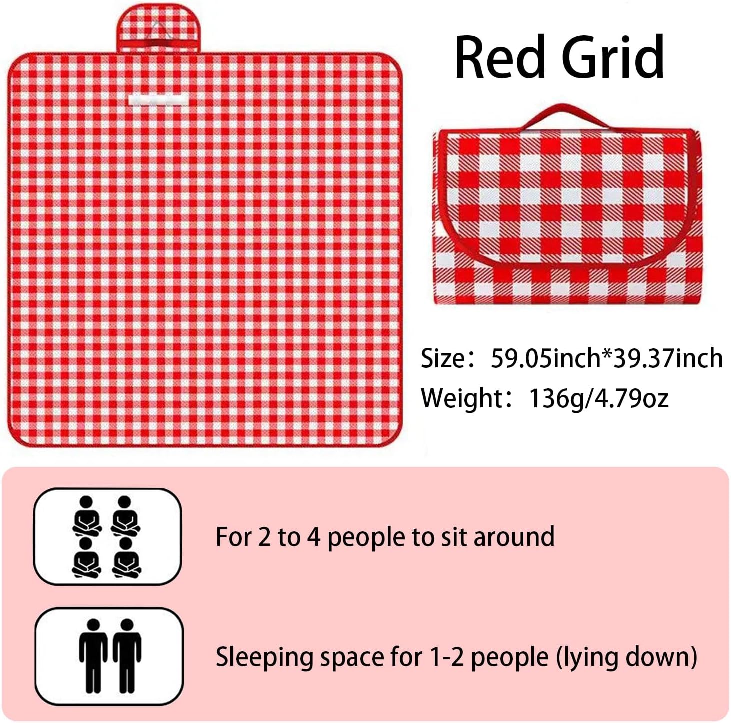 Large Picnic Blanket Waterproof and Sand Proof -59x39 inch Large Outdoor Beach Mat, Portable Foldable Blanket, Suitable for Camping, Parks, Families, Adults, Children, and Pets (Red-M)