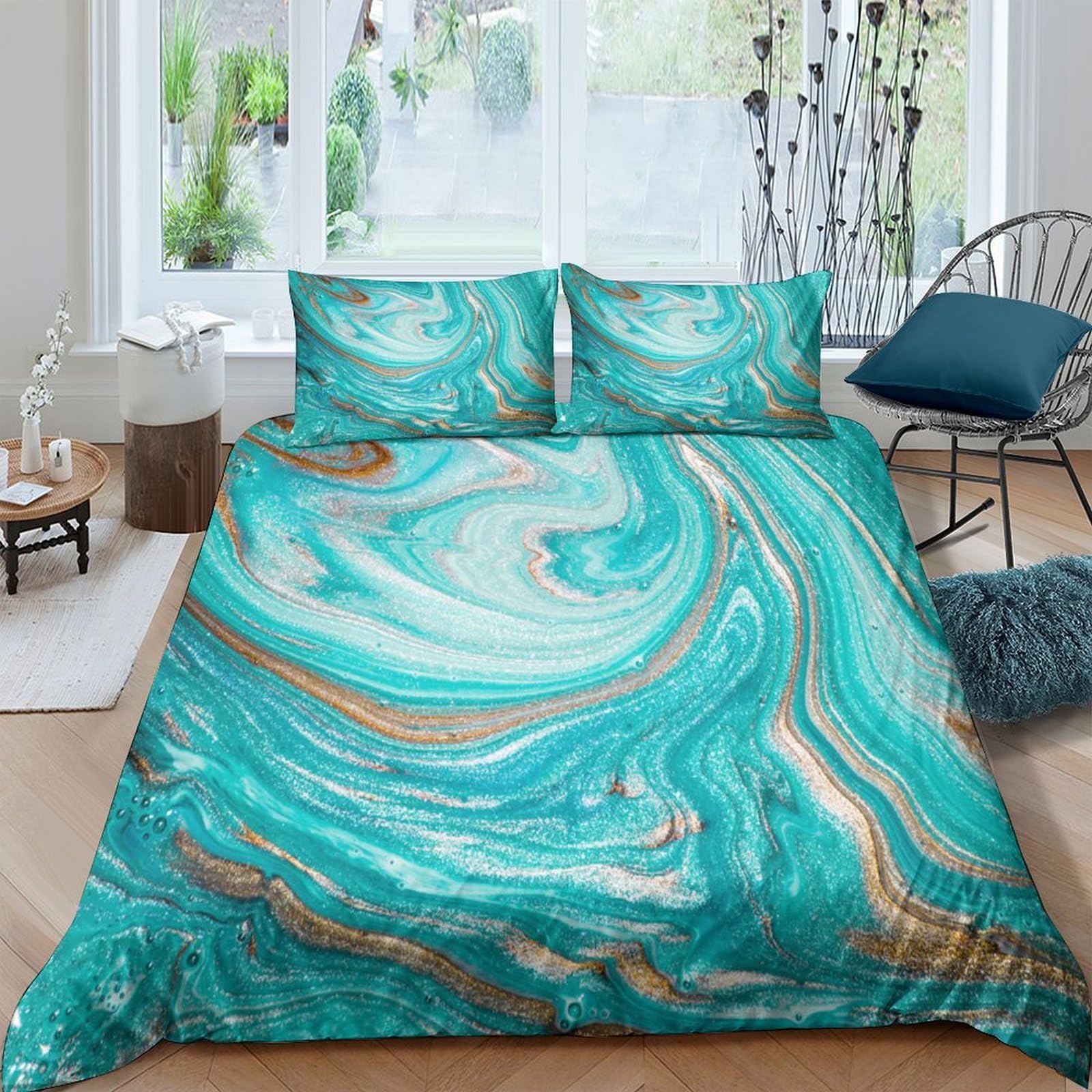 Ctjqhvkz Style-4 3D Printed Turquoise Marble Fitted Sheet Microfiber Soft Anti-Slip Gold Vein Mattress Cover For Bedroom Guest Room Washable Decor Single（135X200cm）