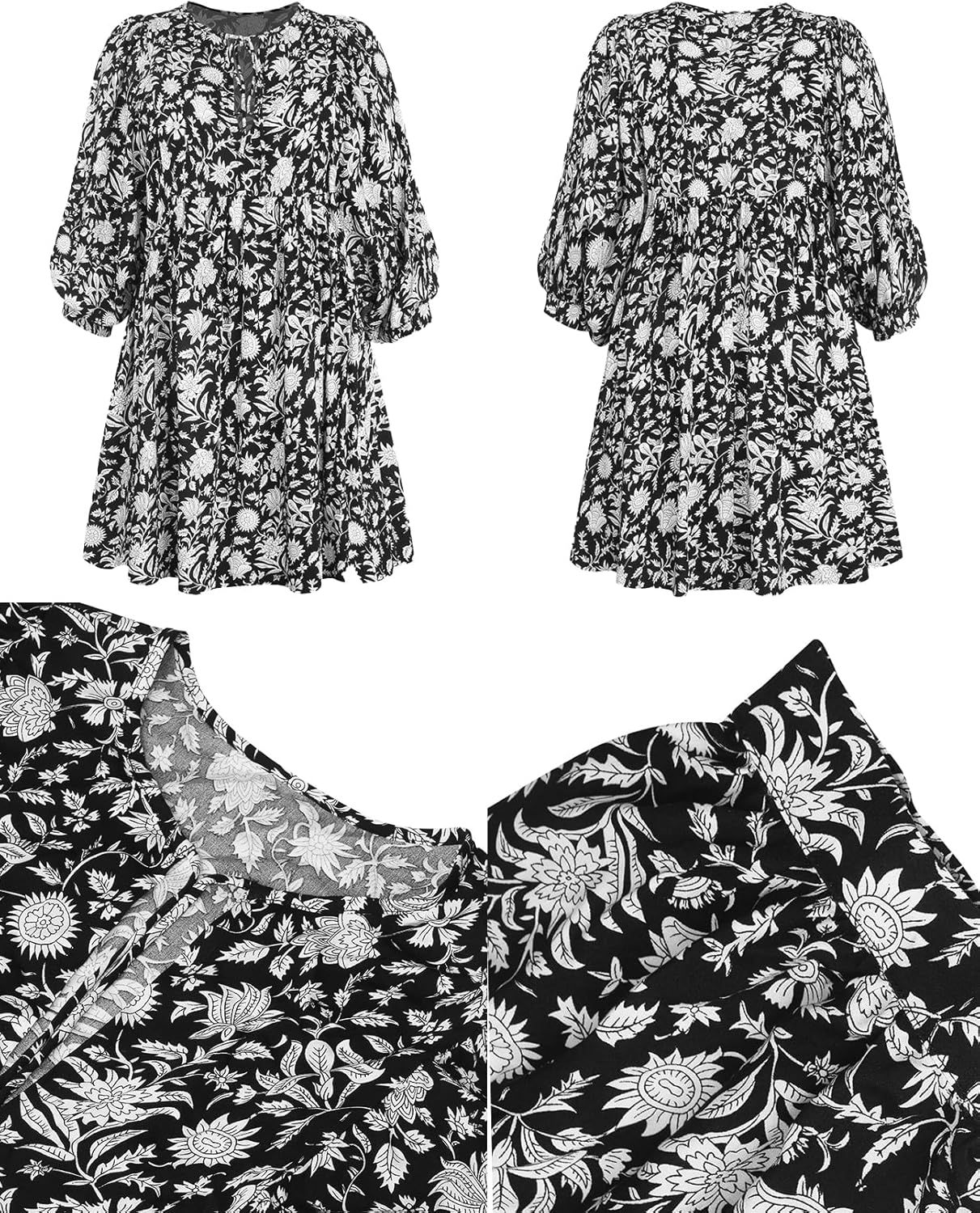 Womens Summer Dresses Casual Boho Floral Babydoll Balloon Sleeve Half Open Tether Flowy Short Beach Dress - Image 5