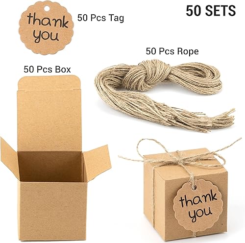 Miniatura 2 de IFAMIO 50 cajas de regalo de papel kraft para dulces, cajas de dulces de 2 x 2 x 2 pulgadas, mini cajas de regalo de fiesta con etiquetas de