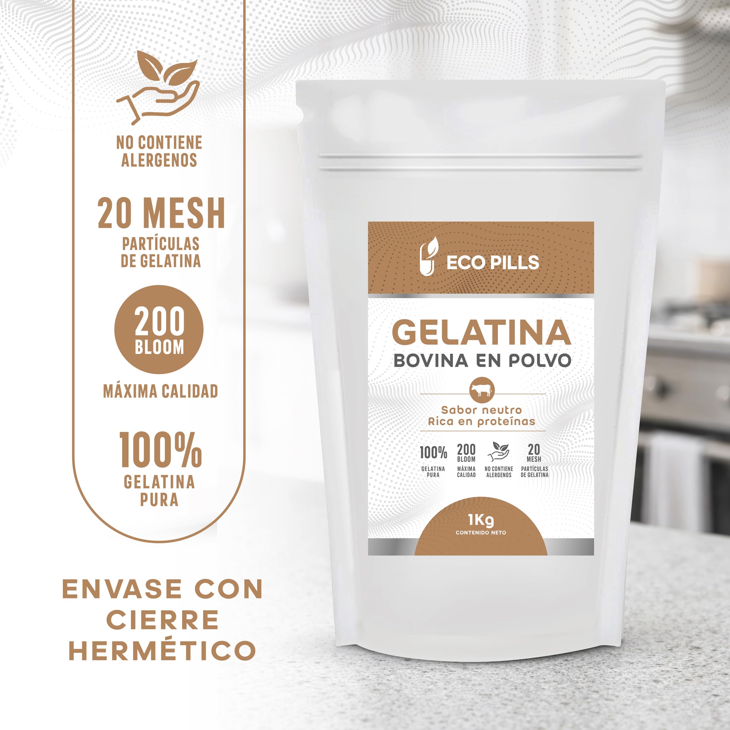 Gelatina BOVINA en Polvo 1kg, Sin Sabor, 200 Bloom, 100% Pura, Alta en Proteínas, Fácil de Disolver, Ideal para Repostería, Postres, Batidos, Caldos y Sopas