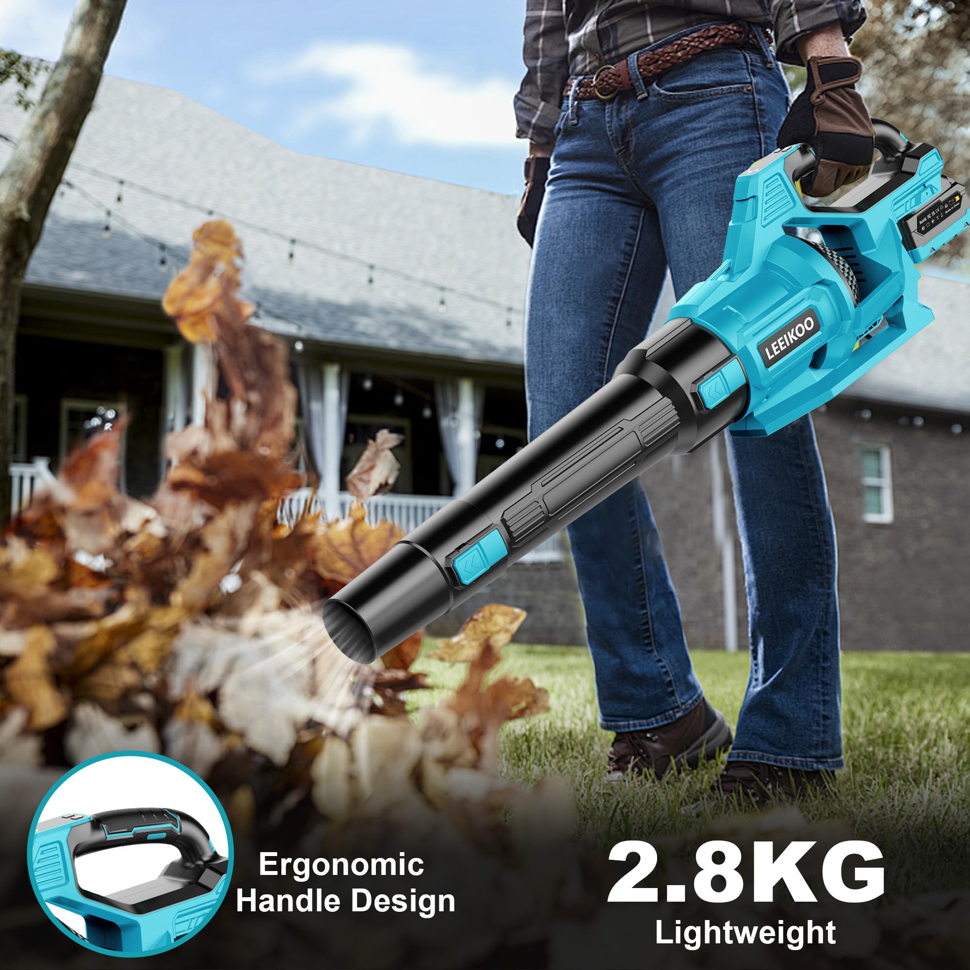 LEEIKOO Soffiatore a Batteria, 21V Soffiatore Foglie con 2 Batteria 4,0Ah, 3 Impostazioni di Velocità, 2 Tubi di Soffiaggio Staccabili, Cintura per Fango la Pulizia del Giardino