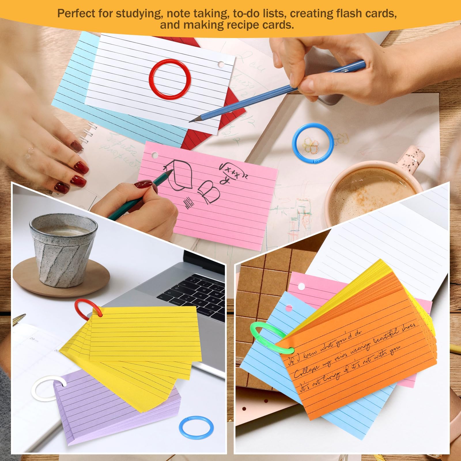 Tecmisse Tarjetas de índice coloridas a granel, 1200 hojas de tarjetas flash con anillos, tarjetas de índice rayadas de 3 x 5 pulgadas, tarjetas de estudio para suministros de aprendizaje y oficina,