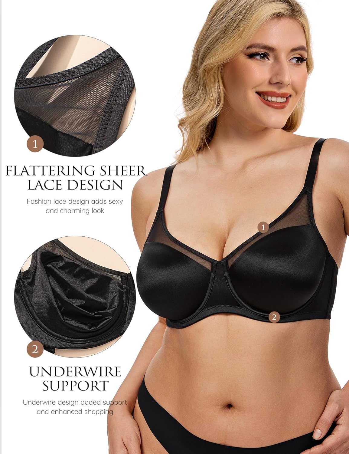 Wingslove Women's Full Coverage Bras Plus Size Underwire Sheer Mesh Bra Smooth Splicing Lace Support No Padding - Image 4