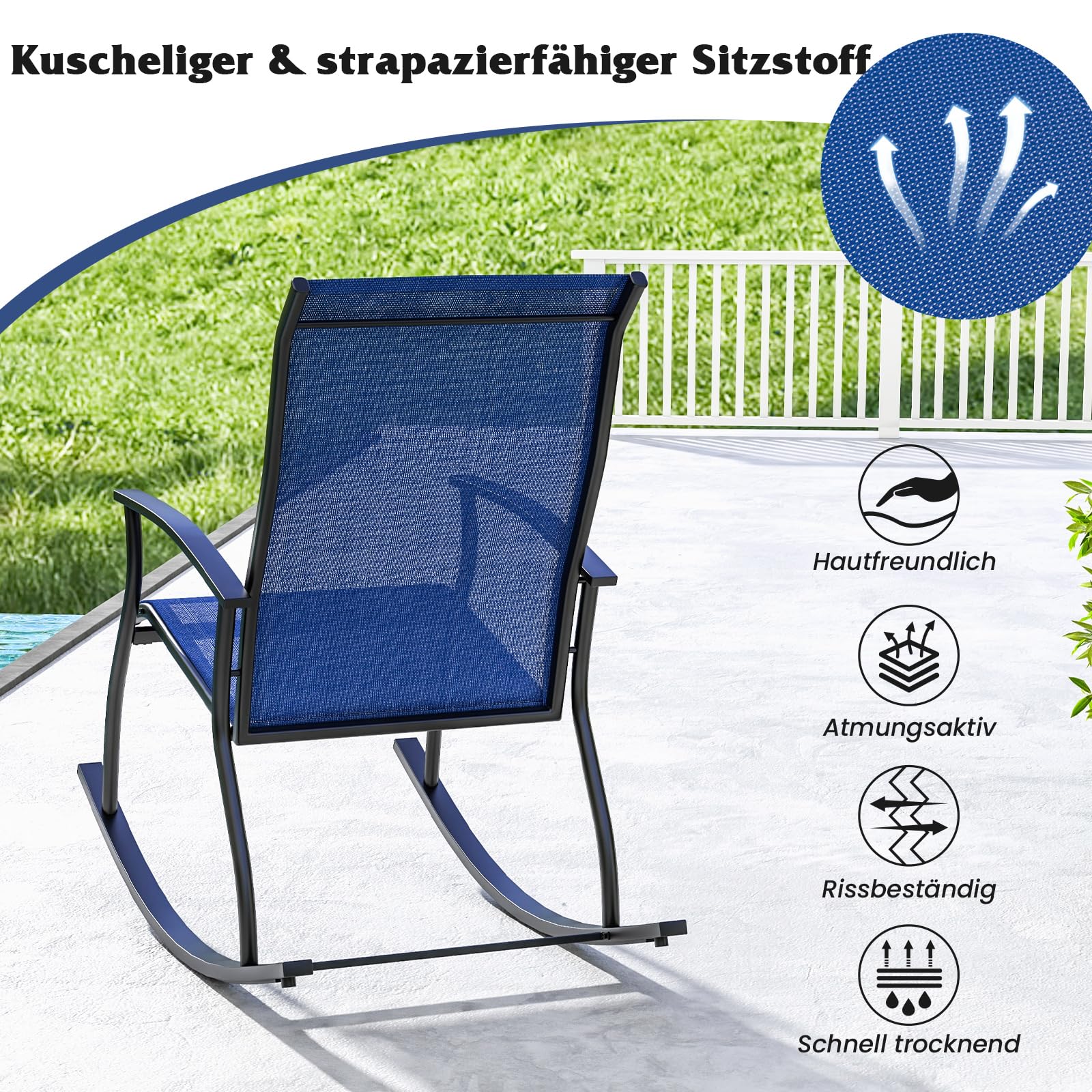COSTWAY 2er Set Schaukelstühle, Schaukelsessel mit hoher Rückenlehne und atmungsaktivem Sitzstoff, Gartenstühle für Garten, Veranda, Pool, Blau