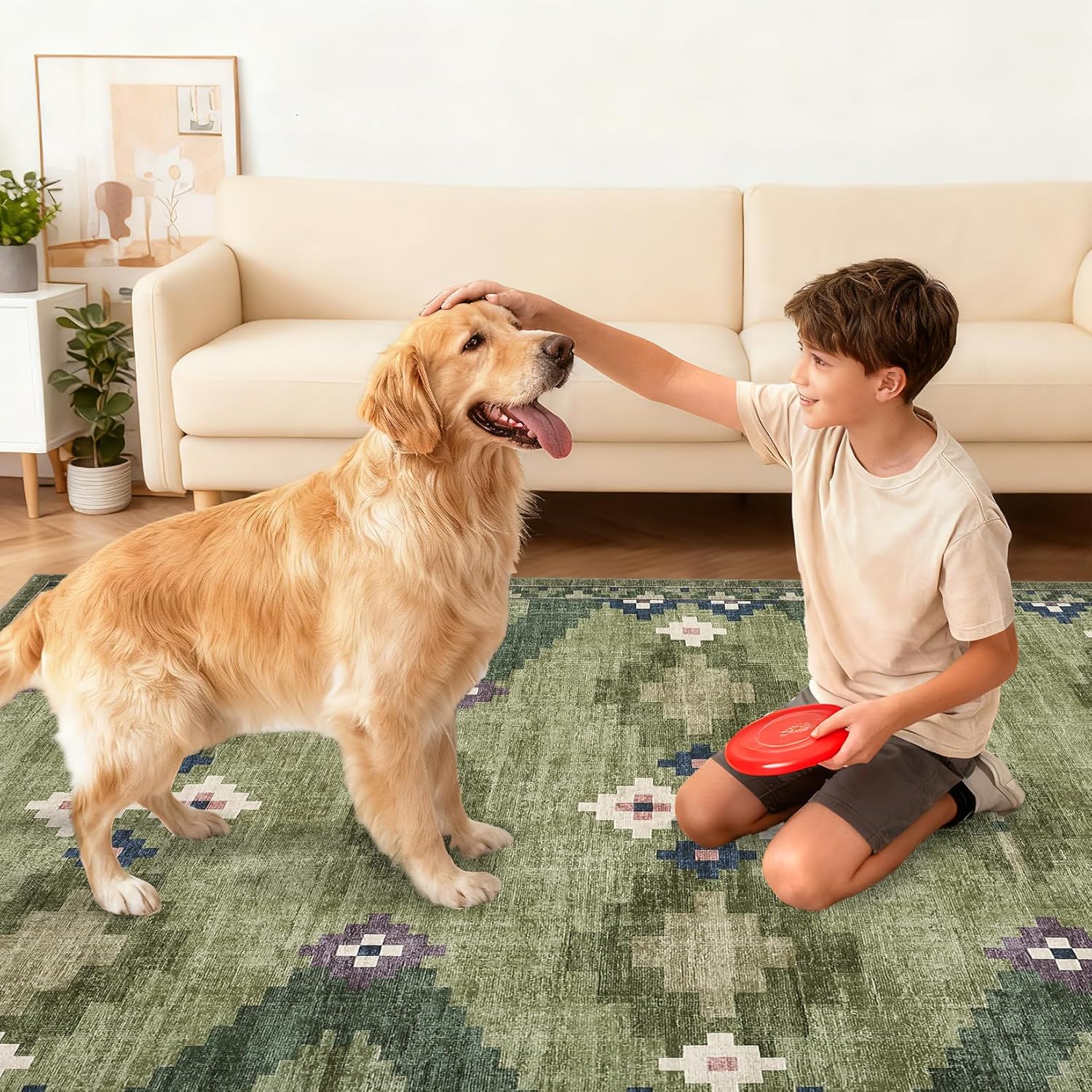 Hallway Runner Rug 2x6 Modern Geometric Non Slip Kitchen Runner Carpets Stain Resistant Mid Century Tribe Runners Soft Low Pile Boho Runner Mat for Laundry Bedroom Living Room Nursery Bedside, Green - Image 3