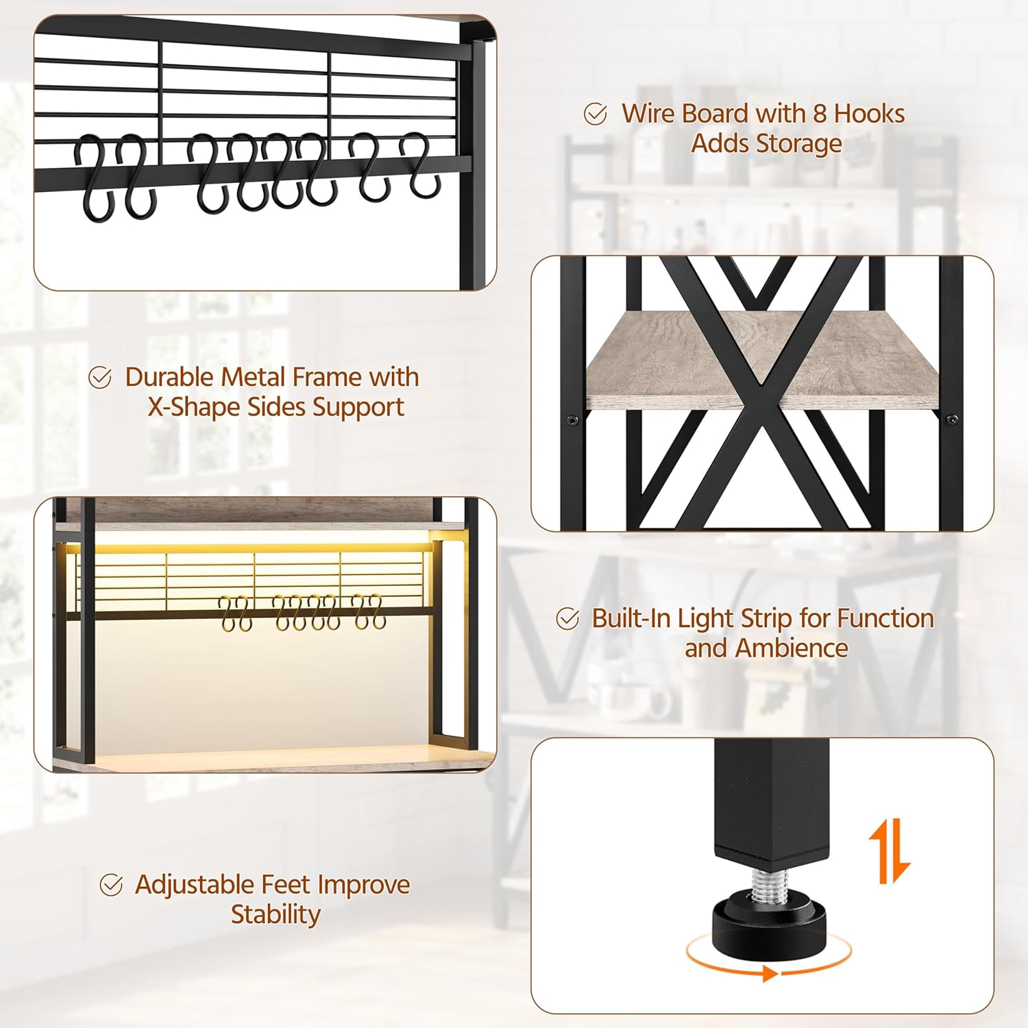 Yaheetech Kitchen Bakers Rack with Power Outlet & LED Lights, 5 Tiers Coffee Bar Table with 8 S Hooks, 64 Inches Tall Microwave Oven Stand with Storage for Spices, Pots, Gray