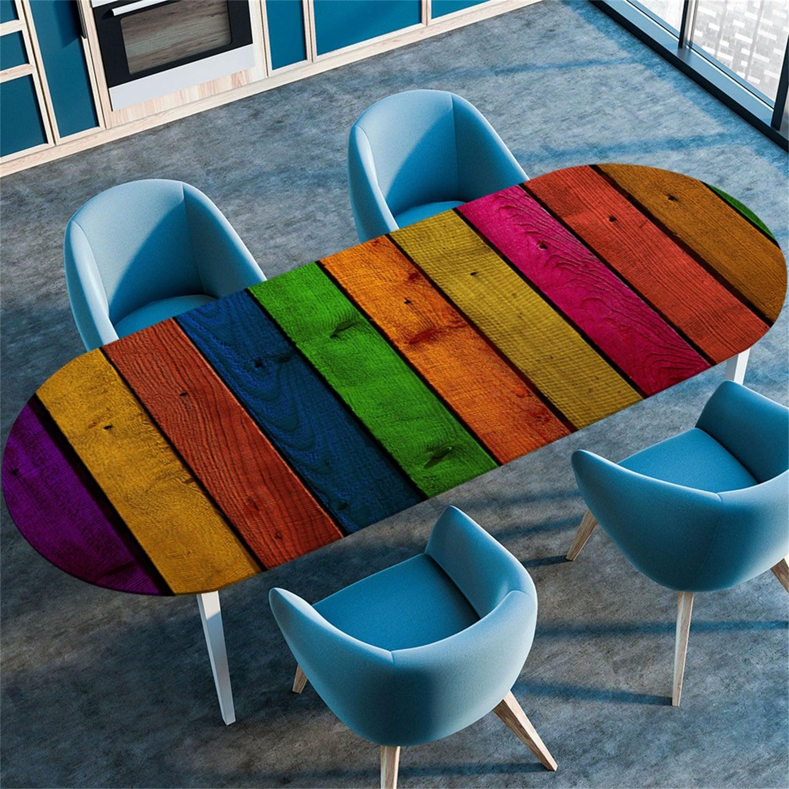 Morbuy Oval Elastic Fitted Tablecloth, 3D Wooden Board Pattern Oval Fitted Table Cover Waterproof Wipe Clean Table Cloth Stain Resistant Tablecloths for Party Kitchen (Colorful,122x173cm)