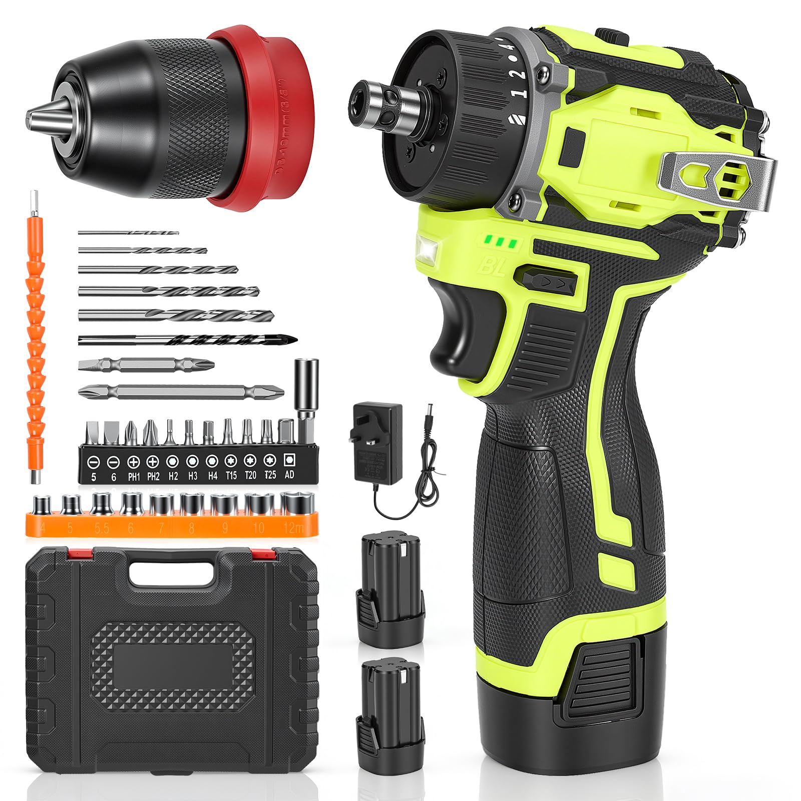 Battery Drill Brushless Motor 16.8V,3 in 1 Cordless Drill 45N.m Max Hammer Drill, 21+1 Torque Electric Screwdriver with 2 Spees and 2 Batteries, 10mm Chuck, LED Drills Set DIY Power Tools for Home