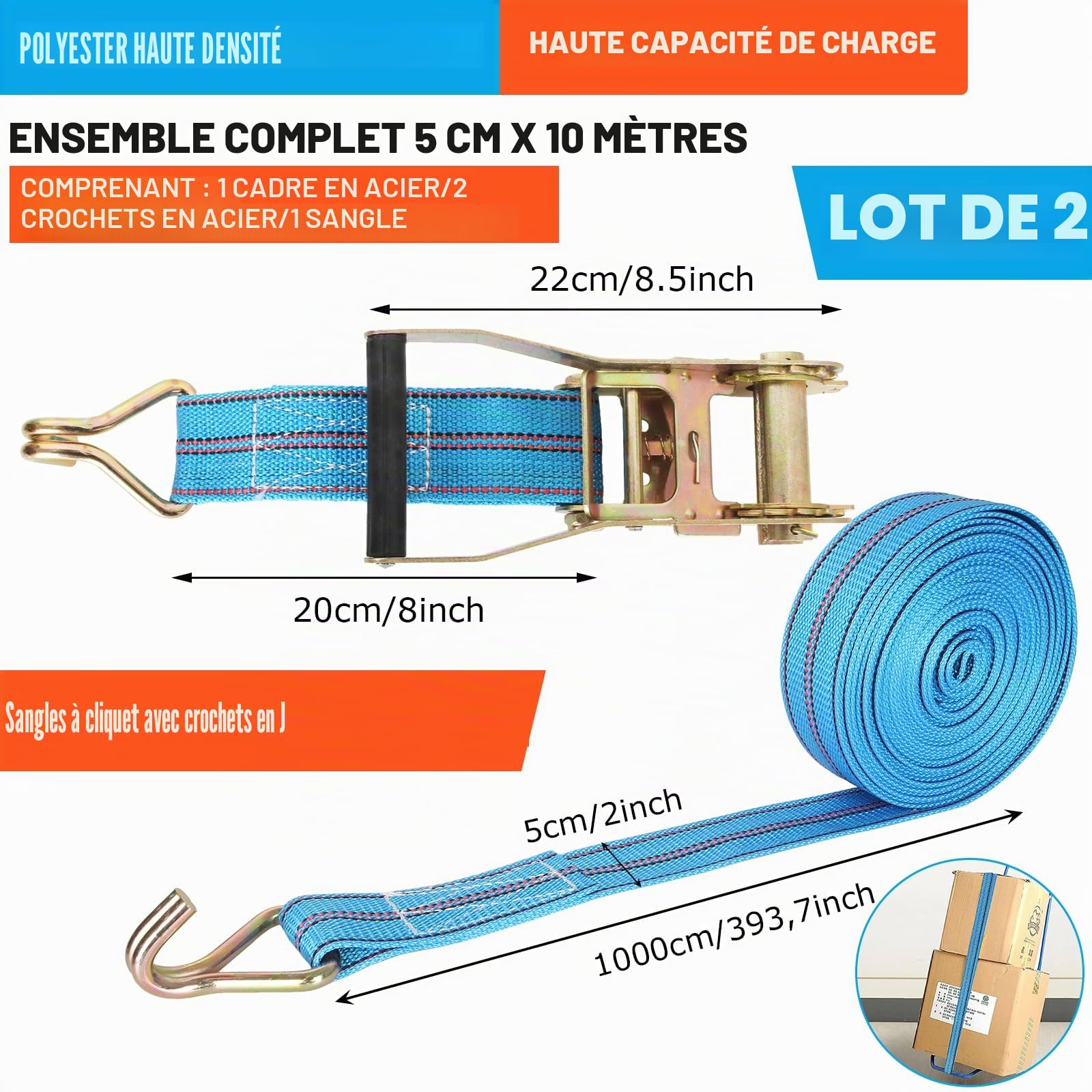 2 sangles à cliquet de 3000 kg, Sangle d'ancrage avec tendeur à cliquet et crochets 10 m, sangle à cliquet 50 mm, sangle de tension à cliquet, Sangle de fixation à cliquet Ratchet