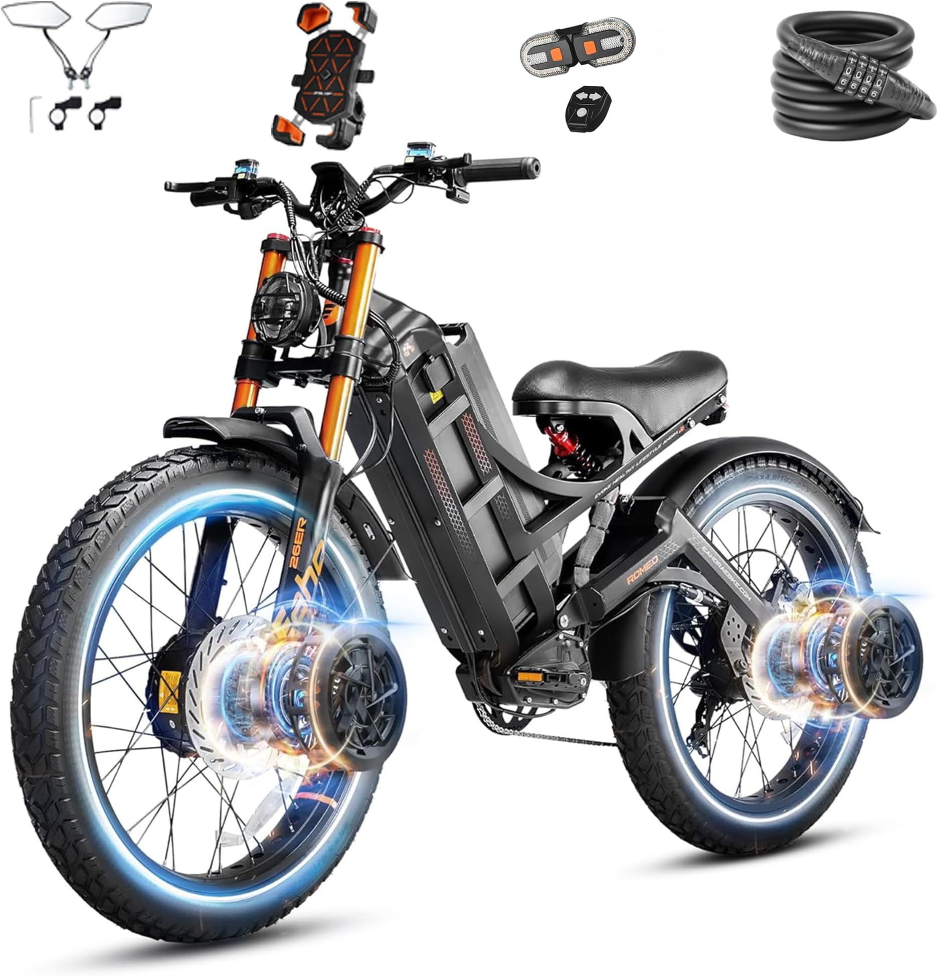 2026 Romeo Pro 3 6000W 52Mph High-Torque Ebike, 60V 80Ah 300 Mile Long Range Electric Bike for Adults, Adjustable Air Suspension, 26'' Puncture-Proof Tire, UL 2849 Certified by TรV