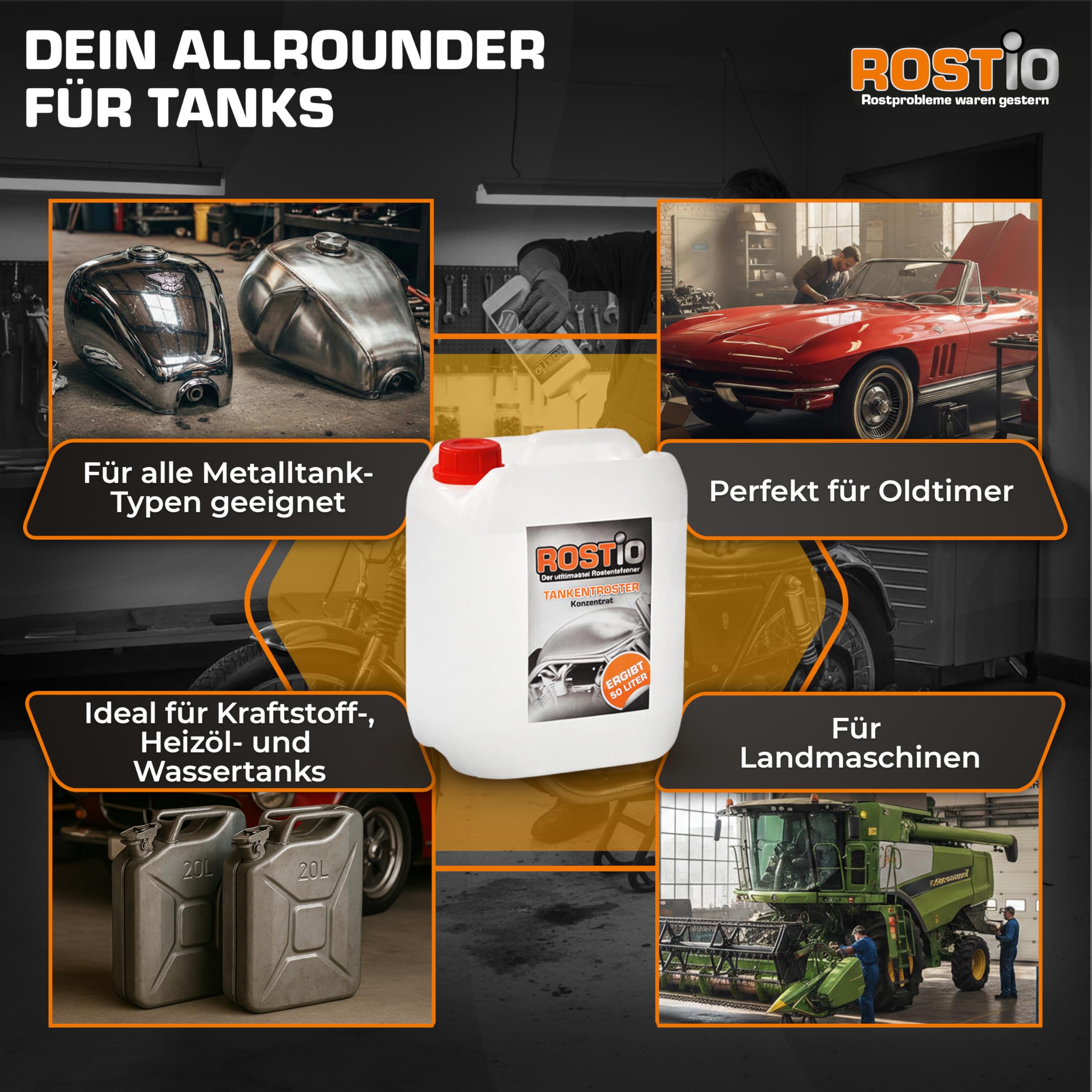 Rostio Tankentroster 5L – Konzentrat zur vollständigen Entrostung von Metalltanks – 1:10 verdünnbar – entfernt Rost zu 100% – für Tanks bis 50L – porentiefe Reinigung & Vorbereitung für Versiegelung
