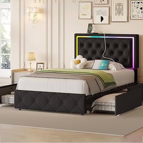 LED Twin Bed Frames with Headboard and Storage,Twin Size Bed Frames with 4 Storage Drawers and LED Lights,Velvet Upholstered Platform Twin Bed Frame with Charging Station,No Box Spring Needed,Black