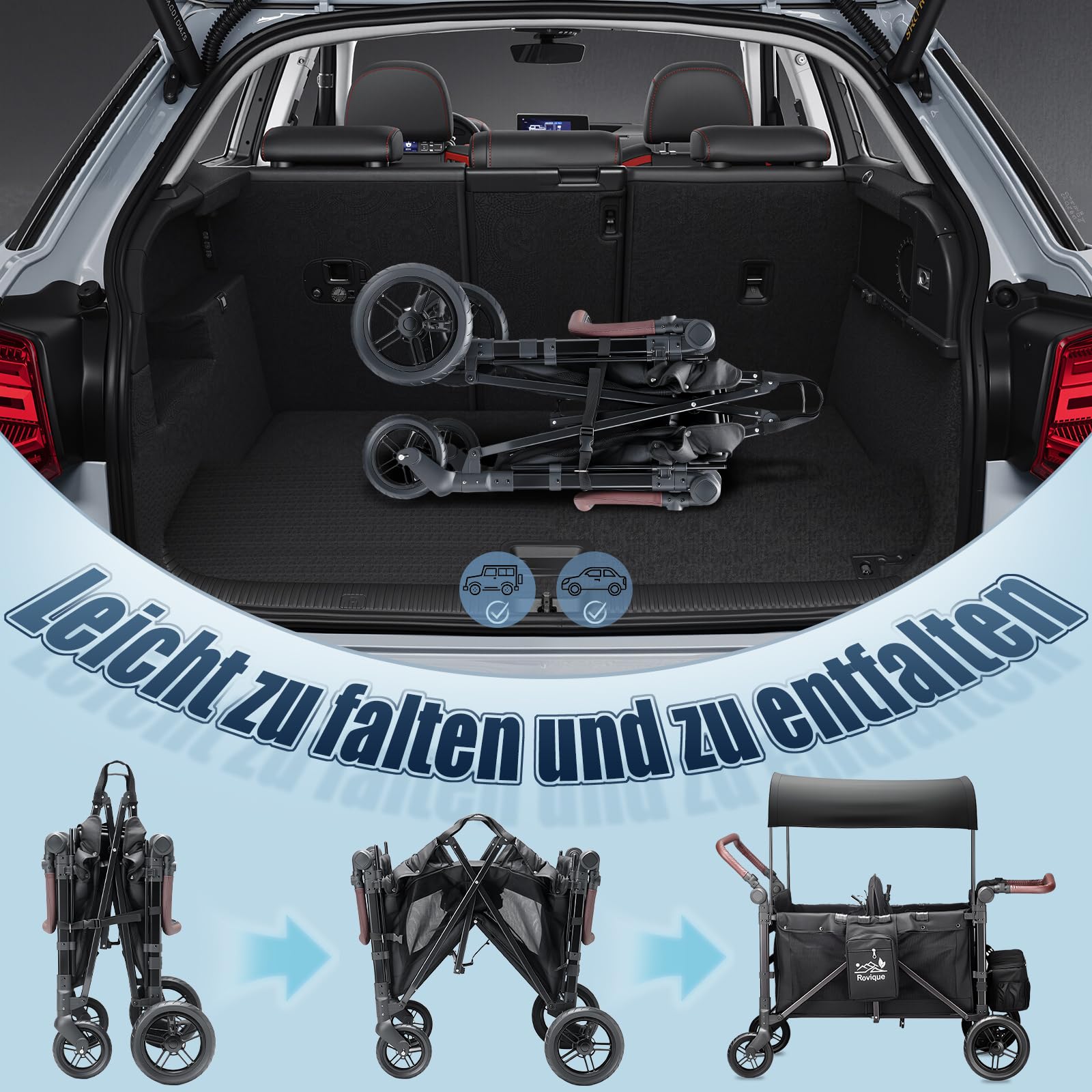 Bollerwagen faltbar mit Dach 4 Kinder,Handwagen faltbar Kinderwagen Baby Bollerwagen mit Dach,abnehmbarem Tablett,5-Punkt-Gurt,verstellbarem Griff,hohem Sitz und großem Stauraum, Schwarz