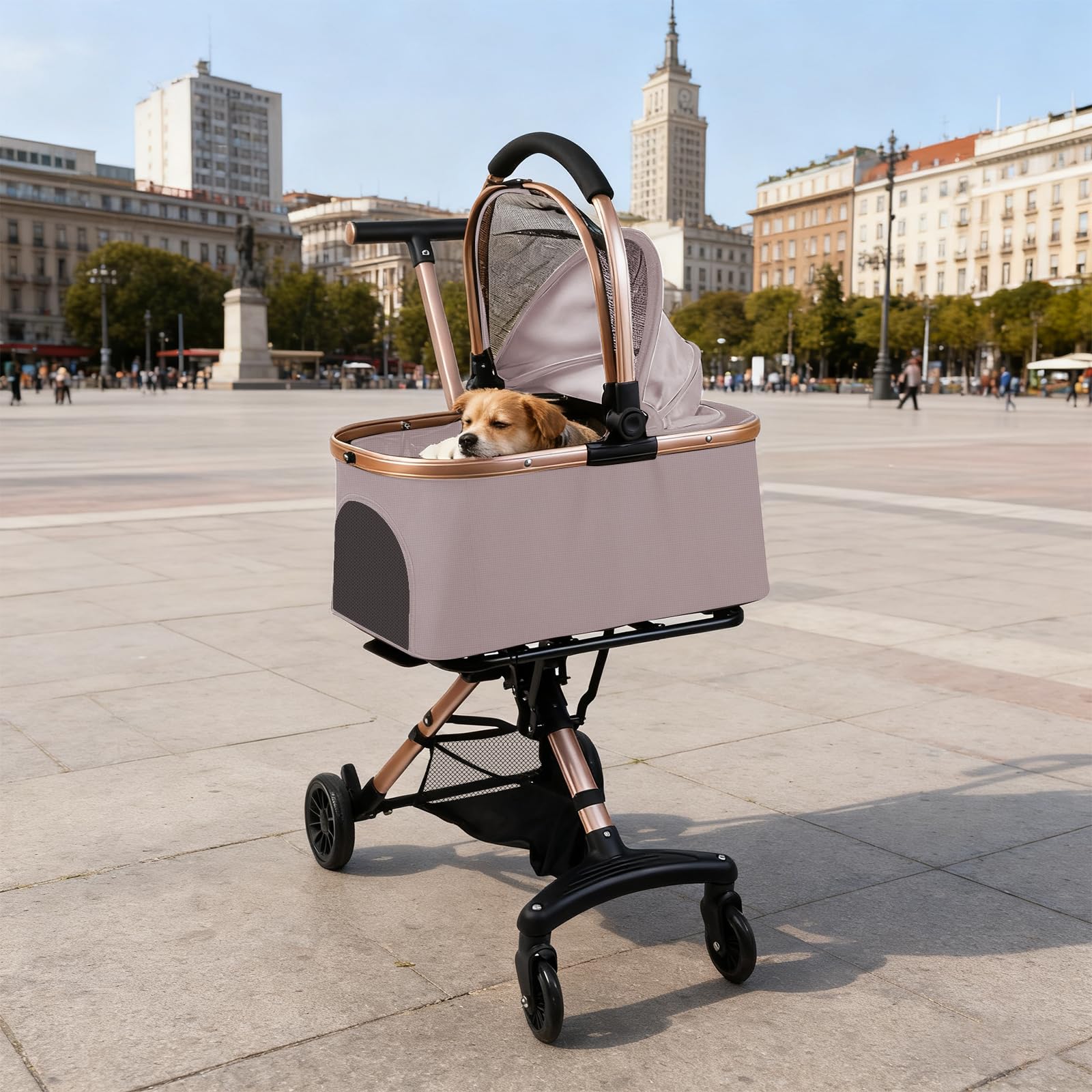 Poussette 3-en-1 Pliable pour Chien et Chat, avec Panier de Rangement, Rose | Avec Panier Détachable et Sac de Transport | 4 Roues 360° avec Laisse de Sécurité | Charge jusqu‘à 20 kg | 92x56x33cm