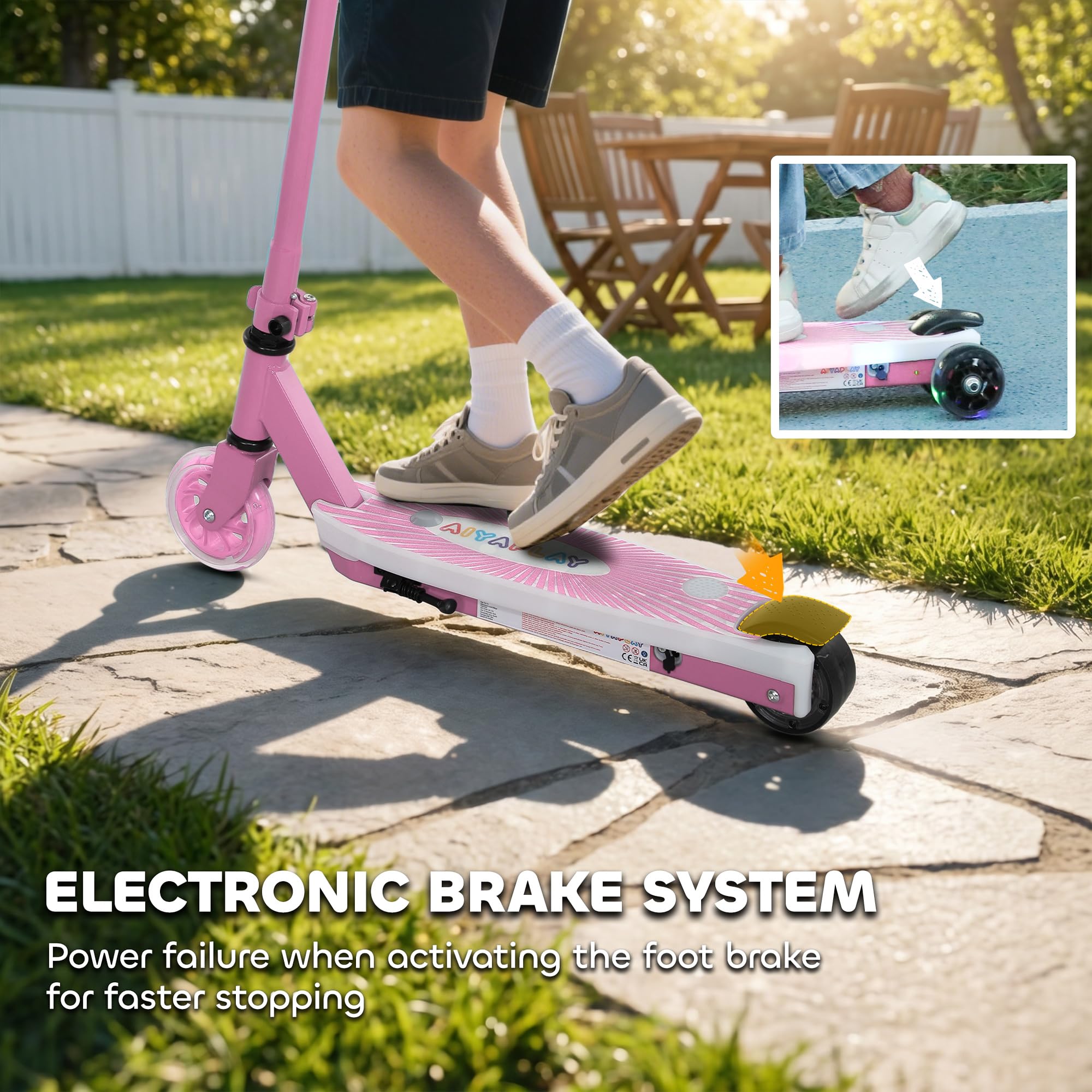 AIYAPLAY Patinete eléctrico para niños de 6 km/h y 8 km, 6 kg ligero, con ruedas traseras auxiliares, luz LED intermitente y freno eléctrico, para niños y niñas de 4 a 7 años