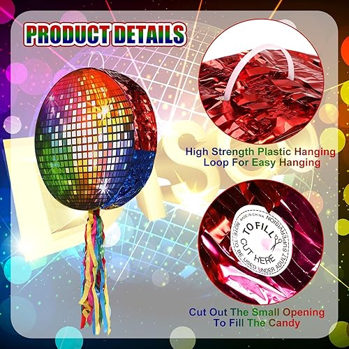 Miniatura 4 de Aoriher Piñata para fiesta de discoteca de los años 80 y 90, piñata, espejo, bola de discoteca, piñata, hip hop, patinaje, fiesta, piñata, palo,