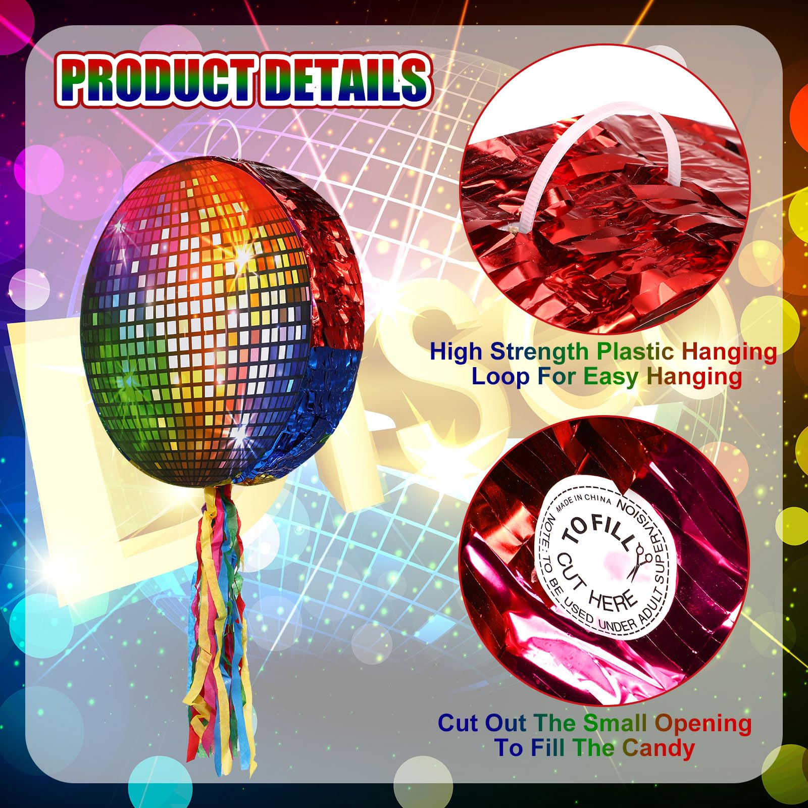 Aoriher Disco Party Pinata 80s 90s Roller Skating Pinata Mirror Disco Ball Pinata Hip Hop Skate Party Pinata Stick Mask Confetti for 80s 90s Disco Birthday Wedding Party Supplies Decor(Rainbow Ball)