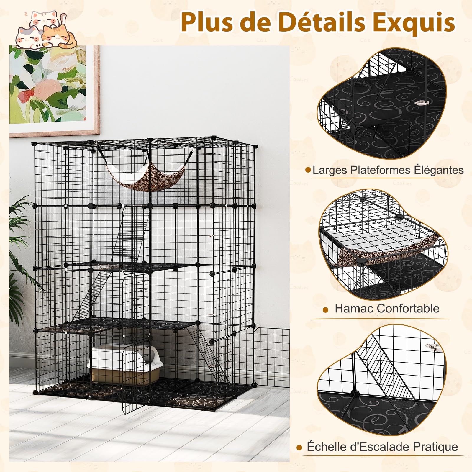 GOPLUS Cage pour Chat Chien, 4 Niveaux avec Hamac, Échelle, Fenêtre de Ciel, Grand Enclos pour Chats en Métal, Noir (109,5x74x142cm)