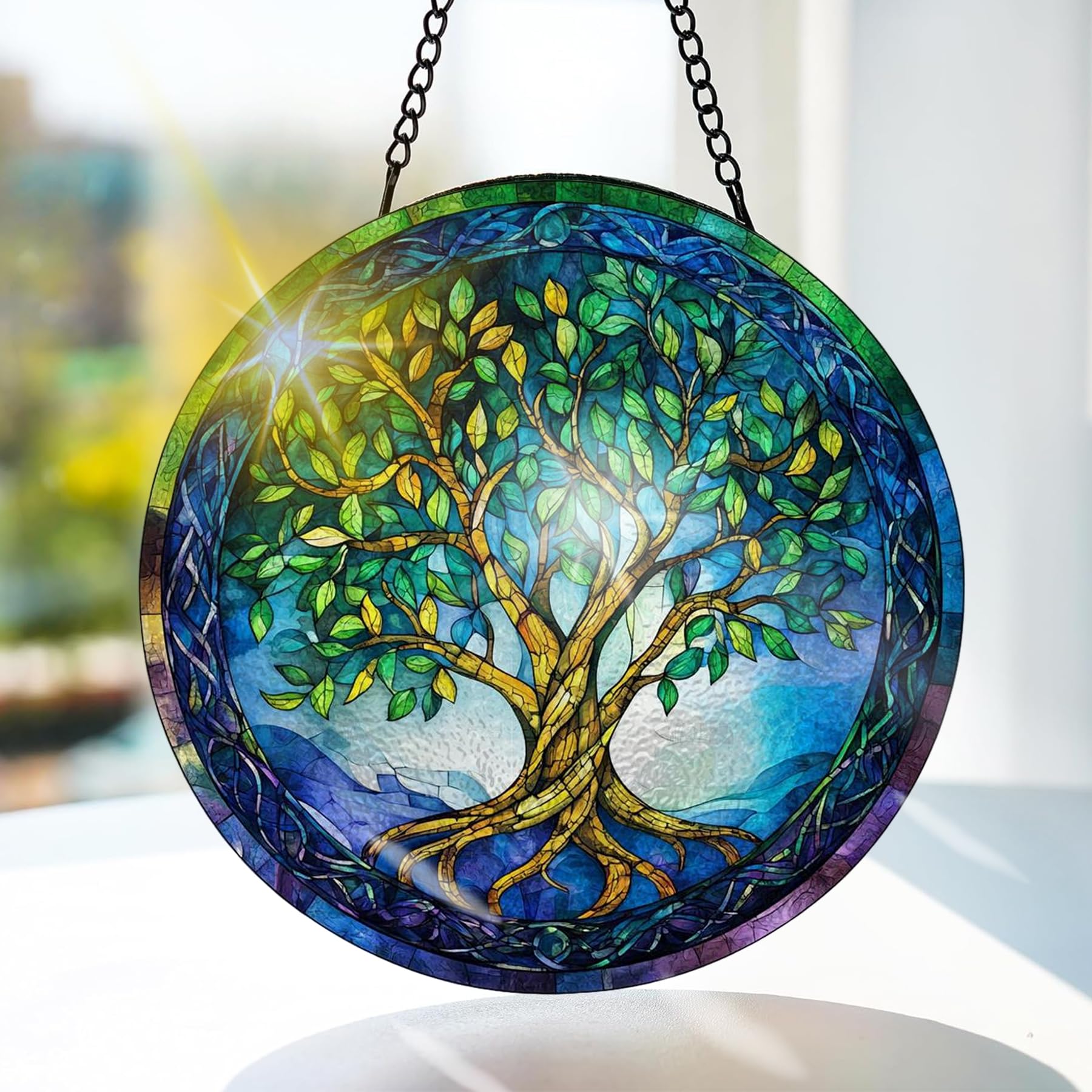 Bimkole Dragonfly Stained Glass Suncatcher Window Hanging - Flower Indoor Window or Doorway Decoration - Handmade Sun Catcher Decor for Birthday for Women, Men, Wife, Lovers, and Mom 20x20 cm