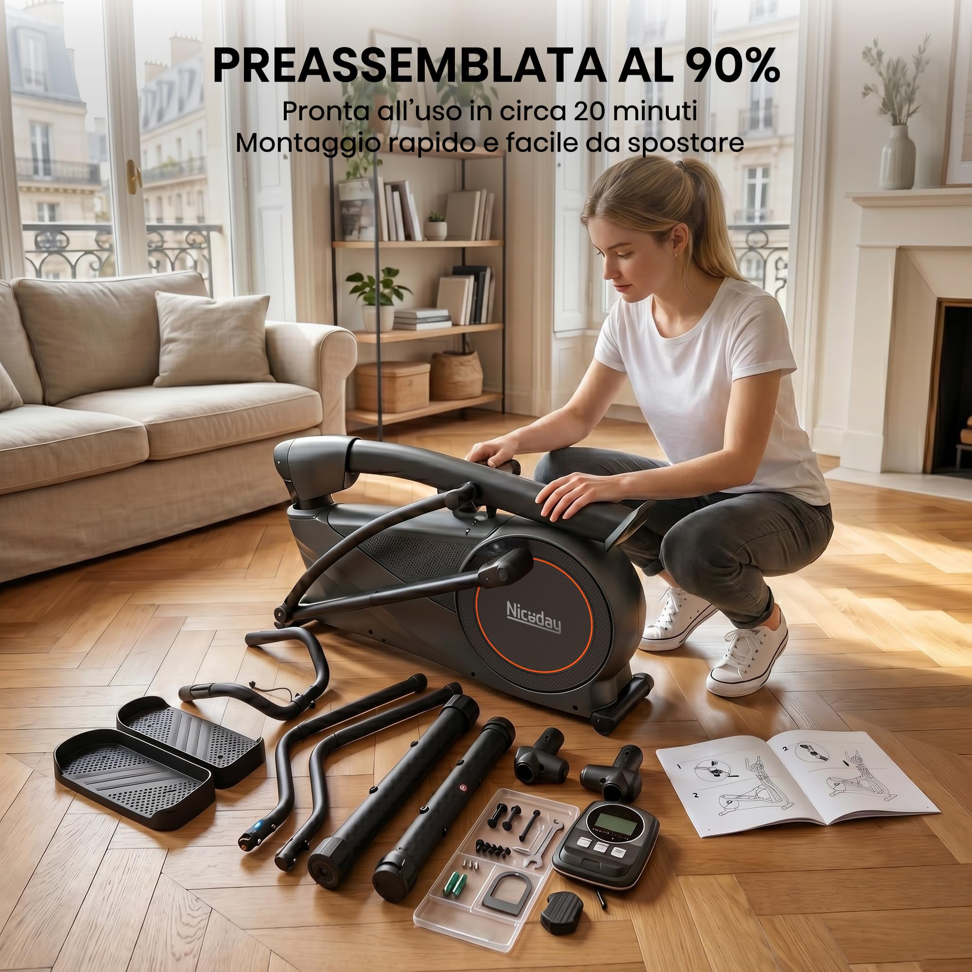 Niceday Ellittica Magnetica per Casa | 16 livelli magnetici e volano da 8 kg per un cardio fluido e a basso impatto, ideale per appartamenti e famiglie.