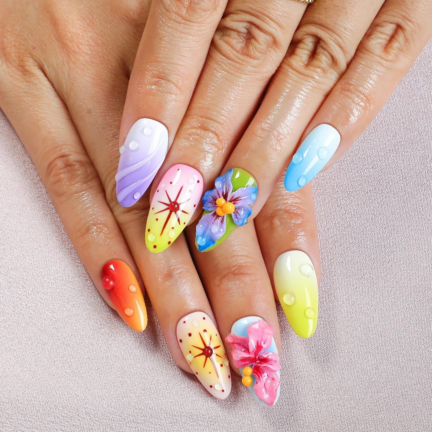 White French Tip Handmade Press on Nails Medium Square Fake Nails Muti-Layer Gel False Nails with 3D Flower Rhinestones Designs Thick Acrylic Nails Full Cover Stick on Nail for Women Nail DIY (Size M): M Colorful Almond M
