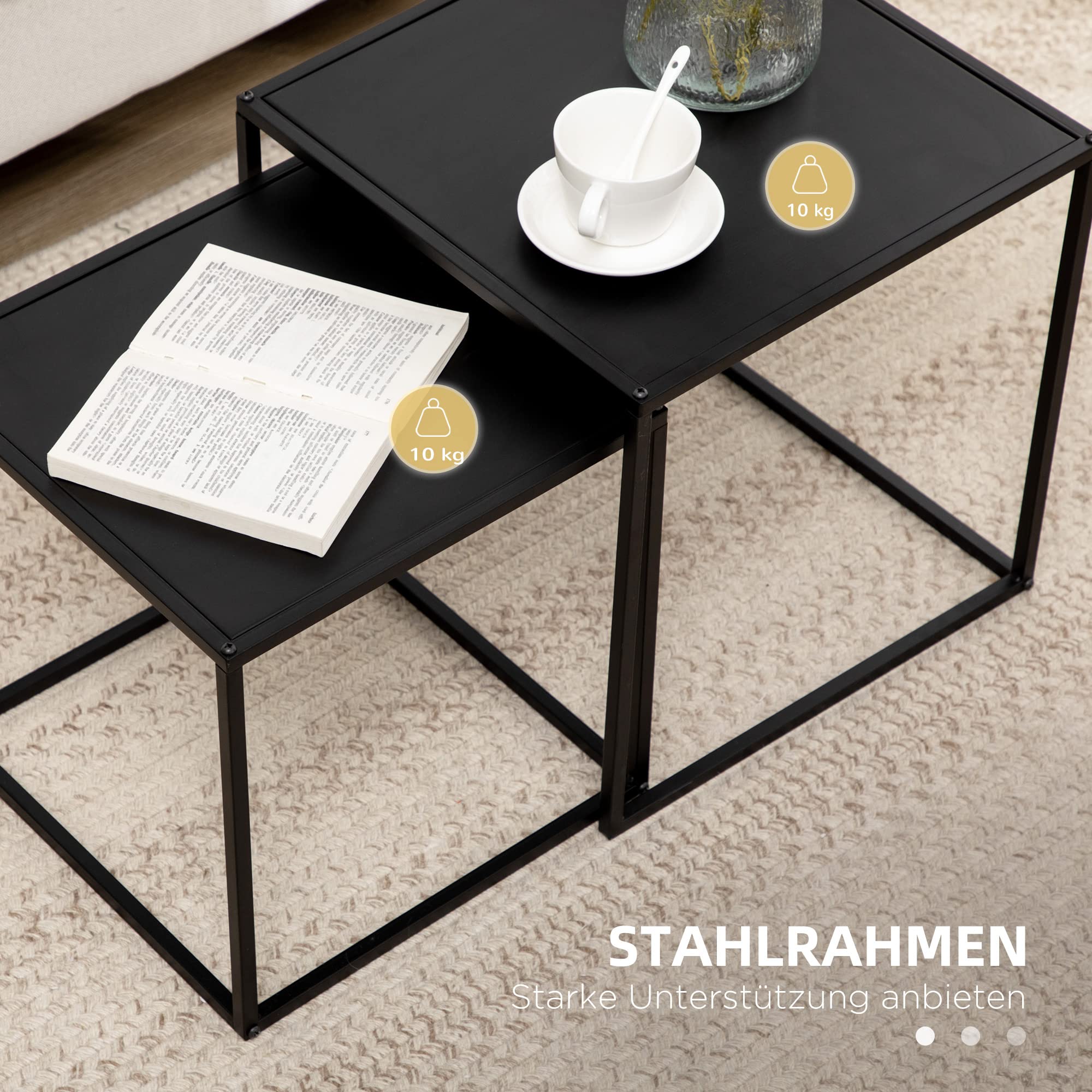 HOMCOM Couchtisch Quadratisch 2er Set, Satztisch Modern Wohnzimmertisch Stapelbar Kaffeetisch Beistelltisch für Wohnzimmer 40x40x40cm & 35x35x35cm, Schwarz