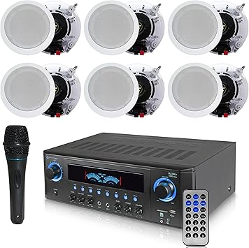 Technical Pro 1000 Watts Professional Home Theater Receiver System Kit w Portable Microphone with Digital Processing and Remote 6 Qty of 5.25 Ceiling Wall Mount Framed Speakers