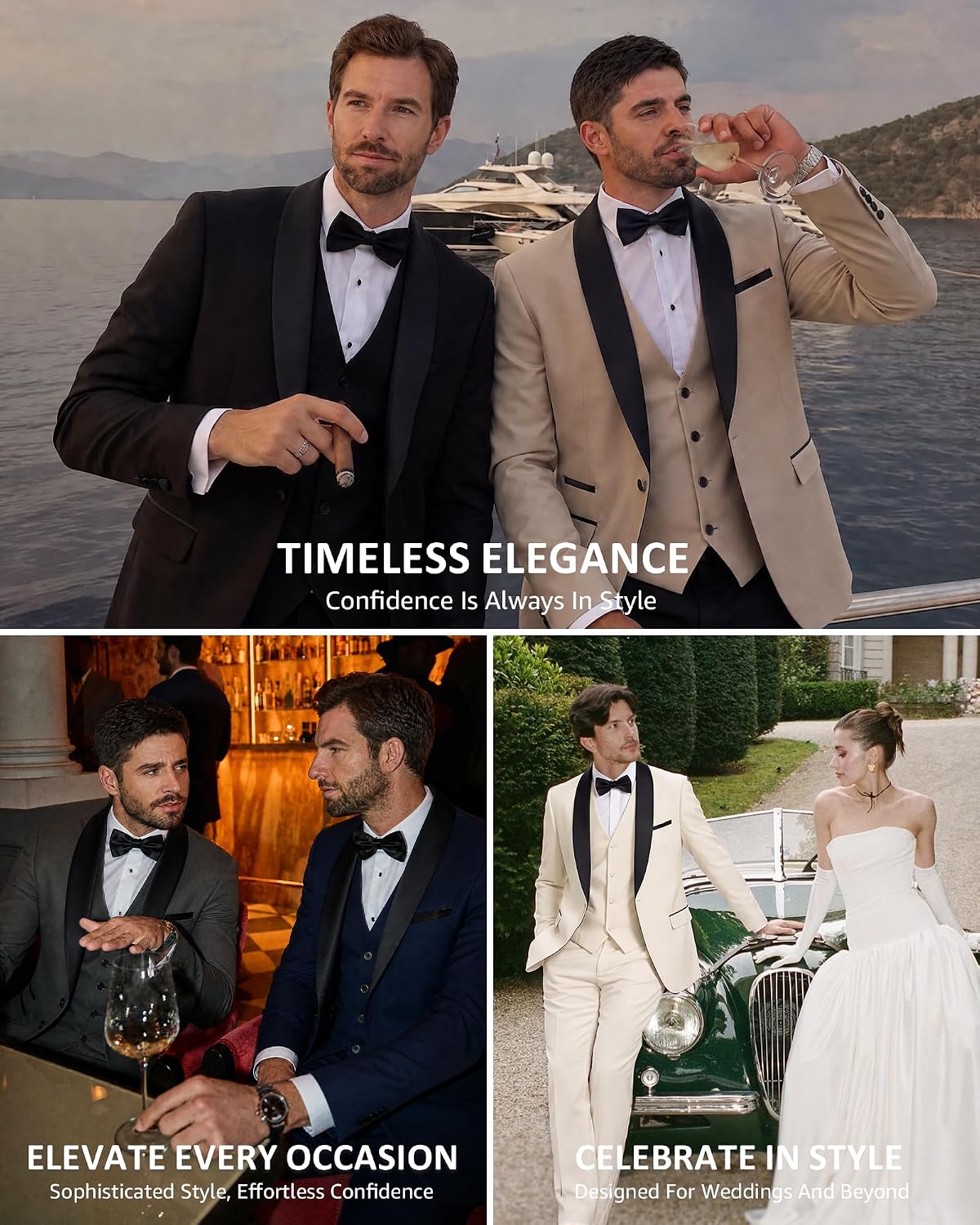 MrSure Men’s 3 Piece Slim Fit Suit, One Button Shawl Lapel Tuxedo, Premium Dinner Jacket Vest Pants & Tie Set