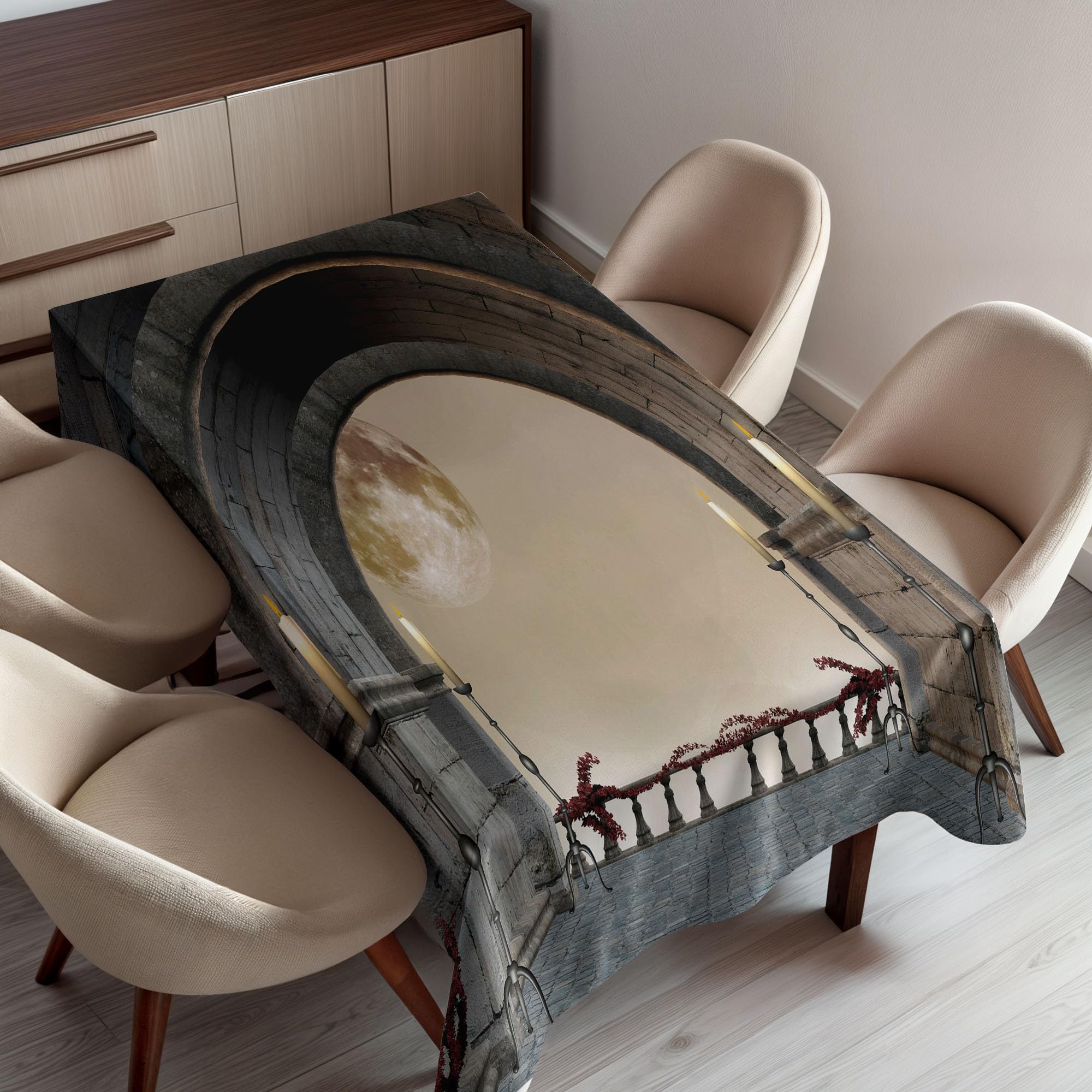 Ambesonne Gothic Tablecloth, Middle Age Balcony of Stone Castle with Candles Renaissance Inspired Vintage Design Print, Dining Room Kitchen Rectangular Table Cover, 52" X 70", Grey