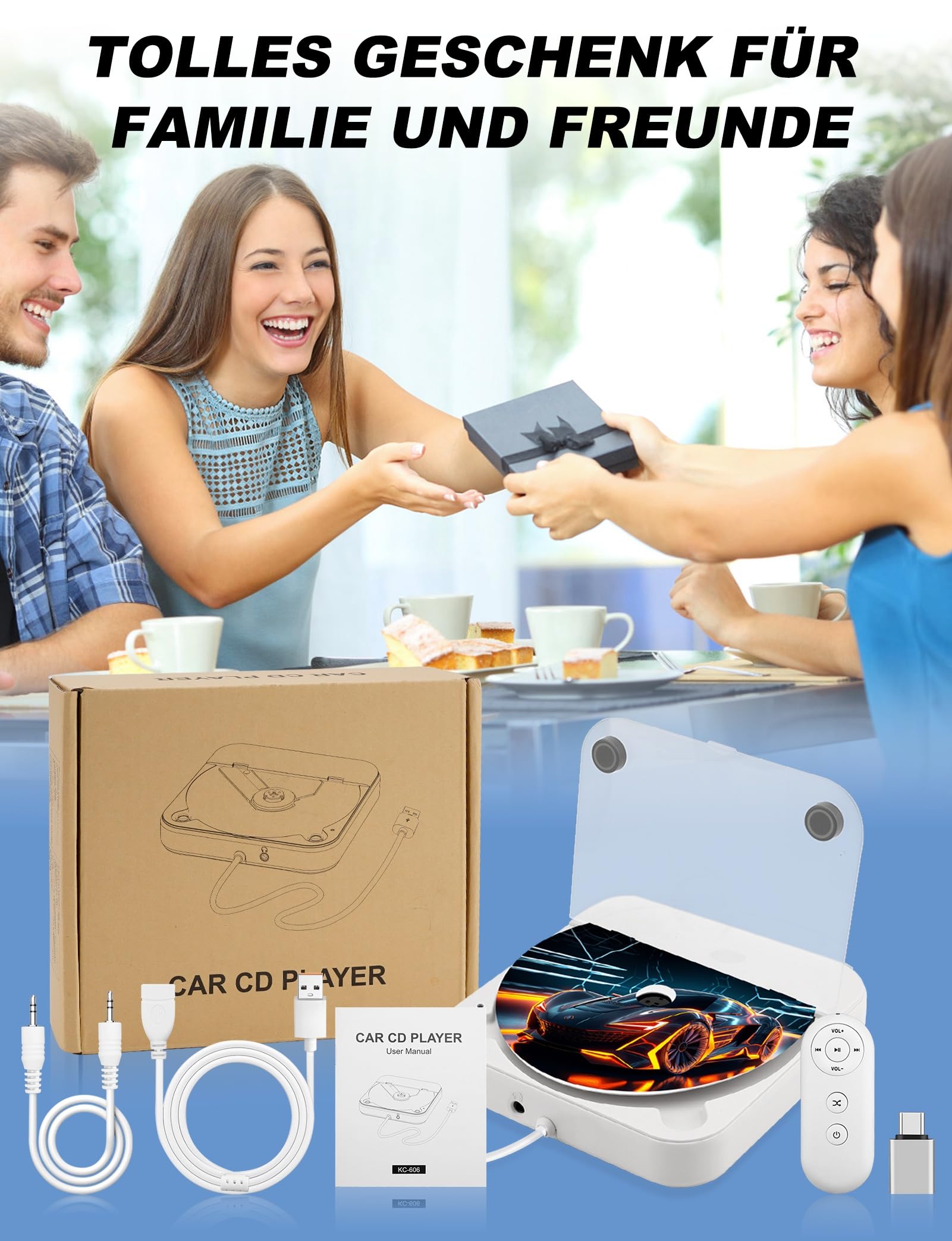 Auto CD Player Laufwerk mit USB-Anschluss - Extern Universal CD Player für Auto PKW LKW, Extra USB-Verlängerungskabel, Externes CD Laufwerk für Laptop, PC, Fernseher, kompatibel mit Android Autoradio