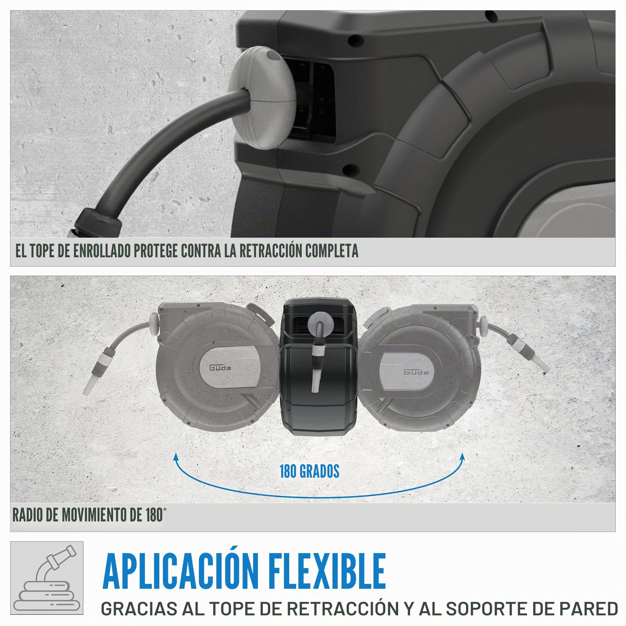 Güde Carrete de manguera automático 20-2-2 1/2 (para montaje en pared, giratorio 180°, manguera de 20 m, pulverización de agua, soporte de pared, sistema de extracción automática, cierre de